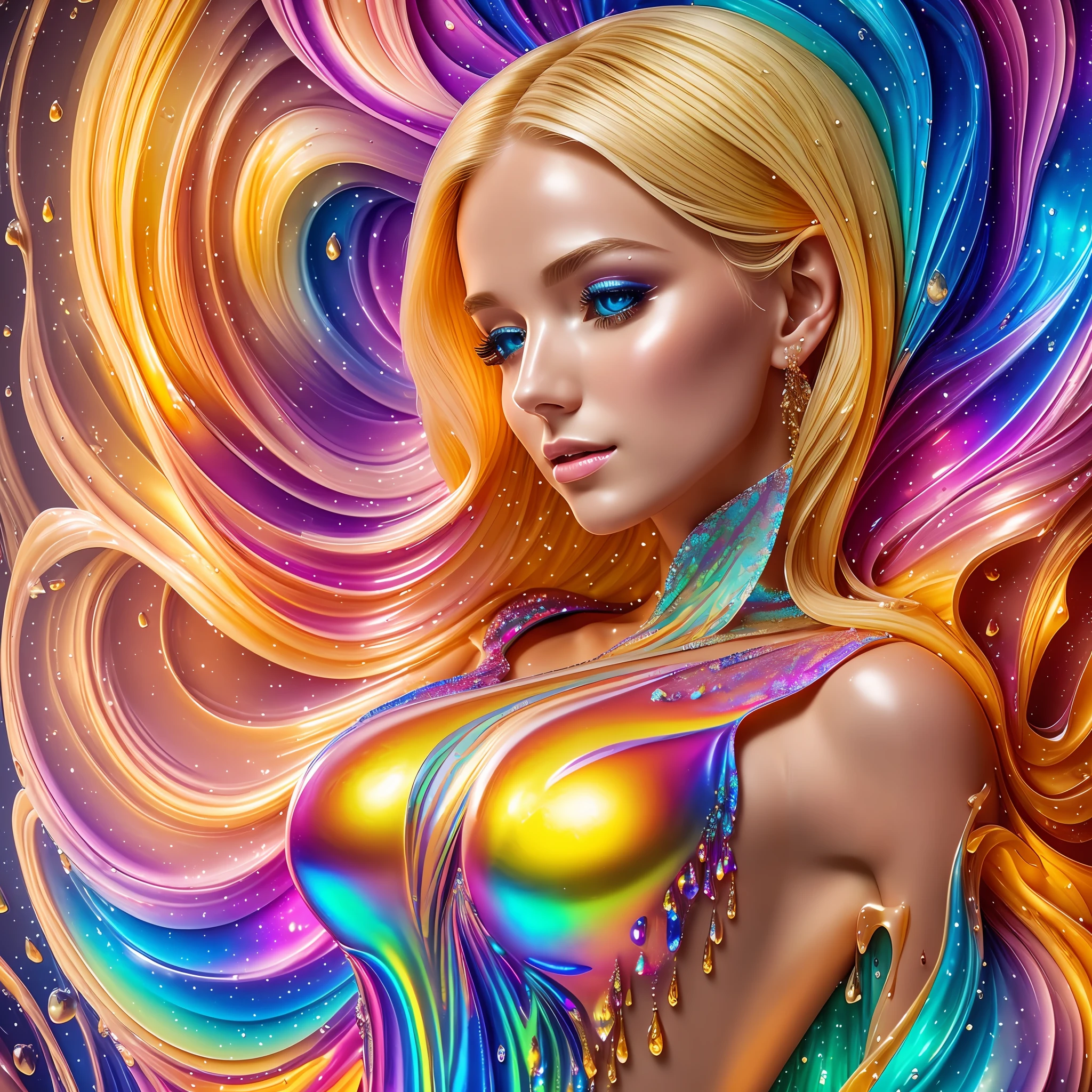 Beautiful blonde woman, with wax dress melting and dripping down the body (masterpiece: 1.2), (best quality), 4k, ultra-detailed, (dynamic composition: 1.4), highly detailed, colorful details, (iridescent colors: 1.2), (bright lighting, atmospheric lighting), dreamy, magical, (solo: 1.2) --auto --s2