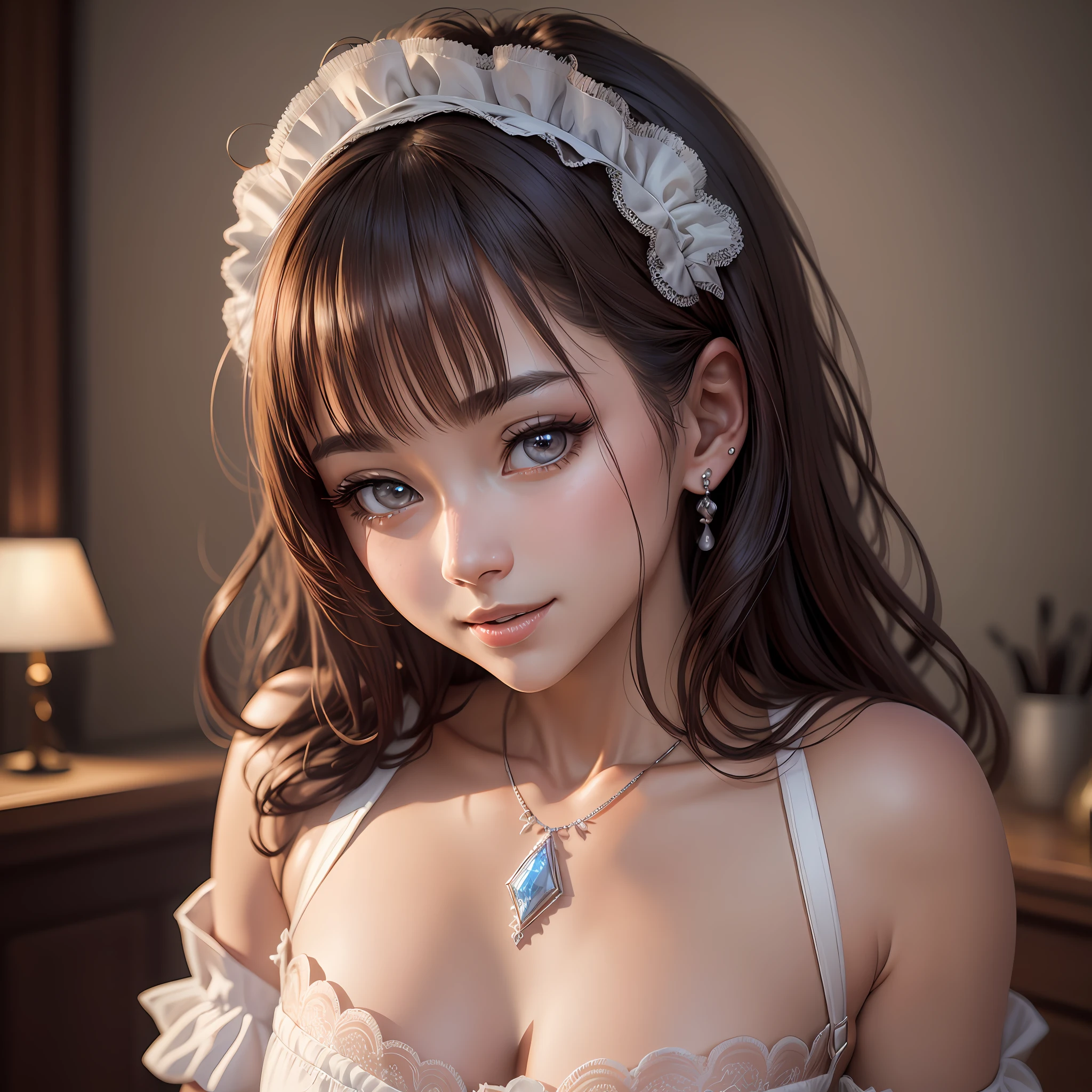(NSFW1.5), (Ultra Realistic), (High Resolution), (8K), (Very Detailed), (Best Illustration), (Beautiful and Detailed Eyes), (Best Quality), (Ultra Detailed), (Masterpiece), (Wallpaper), (Detailed Face), Solo, One Girl, Watching Viewer, Fine Detail, Detailed Face, In the Dark, Deep Shadow, Low Key, pureerosfaceace_v1, Smile, Bust, Transparent Underwear, Mecosuji , Standing, wearing high heels, necklace, earrings, half shoulder, maid clothes, undressed