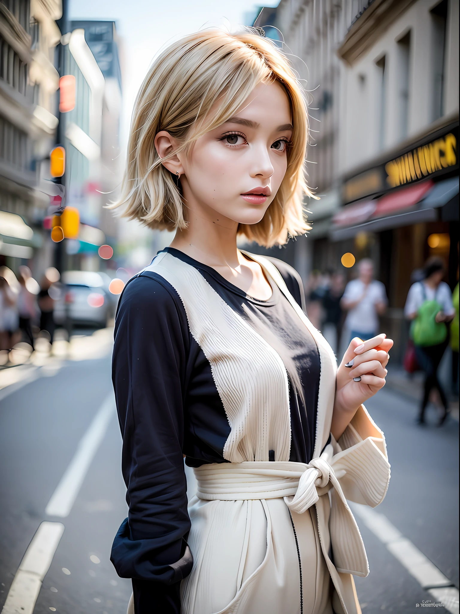 In this project, the studio is inspired by the streets of London, and is intended to be shot in bright light from summer morning to daytime. Create highly elaborate CG Unity 8K wallpapers modeled after a beautiful-looking 30-something actress with a realistic, lifelike and ultra-detailed finish with a hairstyle and fashion style that matches the trends of 2023. The model is slender, cute, and mature. Her distinctive feature is a straight bob style that matches the trends of 2023, and she has a slightly brighter and softer trendy milk tea beige hair color. Shooting takes place in bright summer light, so be sure to shoot so that you can feel the refreshing summer atmosphere. The skin quality of the model is delicate, and you should pay attention to the fine details and softness of the hair. The studio set should be inspired by the London skyline, reflecting urban elements while also creating a summer atmosphere. Camera angles should be from the waist up. The model's hair color should be slightly light and soft milk tea beige, and the makeup should be a natural and light styling, with an emphasis on bright lips and eye-catching mascara. For fashion style, choose a casual outfit that matches the trends of summer 2023. Imagine the brightness of summer and the cityscape of London, but use pale pastel shades to express a simple urban style. The final image should be shot in a studio reminiscent of the London skyline in bright summer light, and try to convey a refreshing and summery atmosphere.