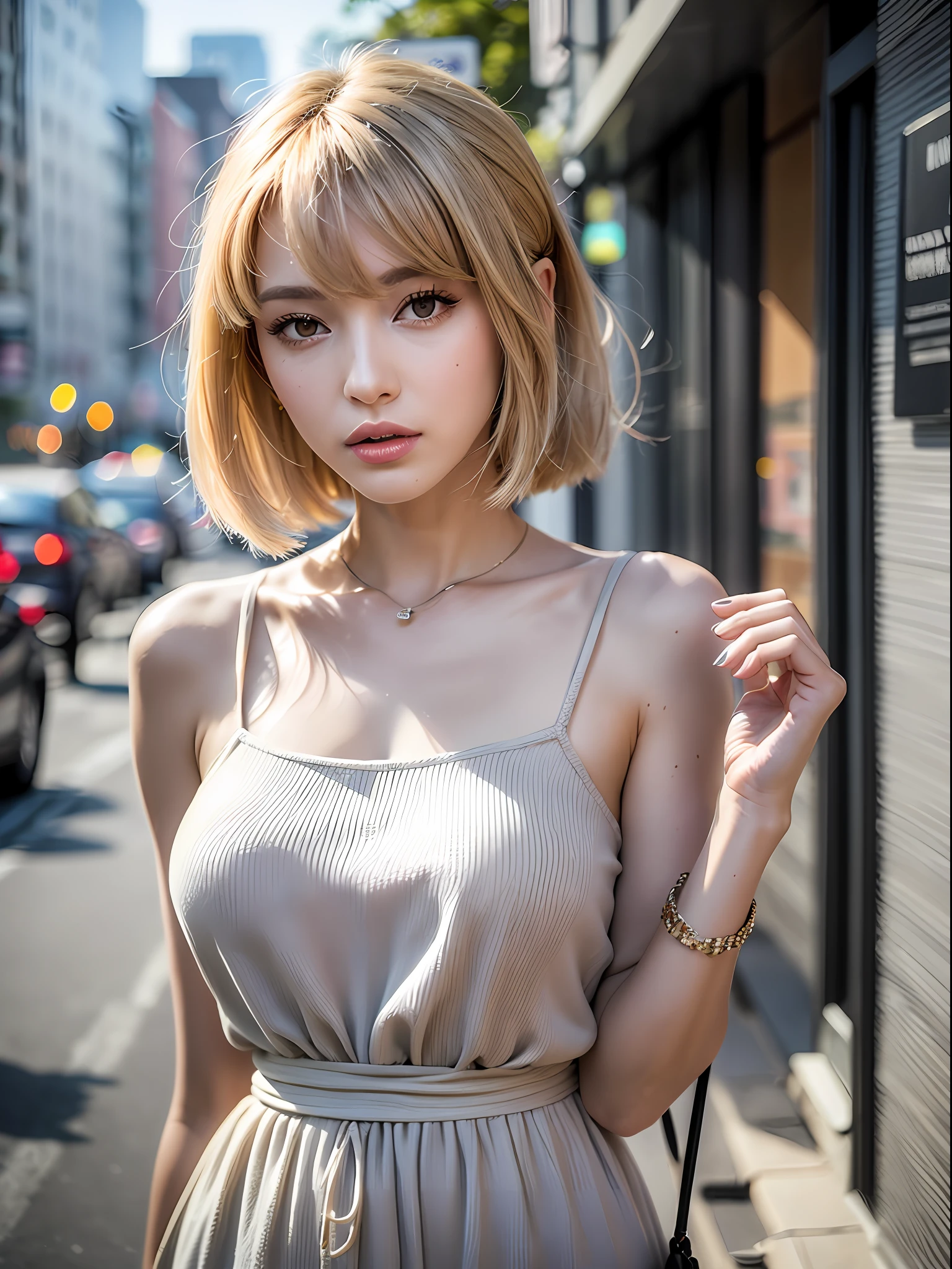 In this project, the studio is inspired by the streets of London, and is intended to be shot in bright light from summer morning to daytime. Create highly elaborate CG Unity 8K wallpapers modeled after a beautiful-looking 30-something actress with a realistic, lifelike and ultra-detailed finish with a hairstyle and fashion style that matches the trends of 2023. The model is slender, cute, and mature. Her distinctive feature is a straight bob style that matches the trends of 2023, and she has a slightly brighter and softer trendy milk tea beige hair color. Shooting takes place in bright summer light, so be sure to shoot so that you can feel the refreshing summer atmosphere. The skin quality of the model is delicate, and you should pay attention to the fine details and softness of the hair. The studio set should be inspired by the London skyline, reflecting urban elements while also creating a summer atmosphere. Camera angles should be from the waist up. The model's hair color should be slightly light and soft milk tea beige, and the makeup should be a natural and light styling, with an emphasis on bright lips and eye-catching mascara. For fashion style, choose a casual outfit that matches the trends of summer 2023. Imagine the brightness of summer and the cityscape of London, but use pale pastel shades to express a simple urban style. The final image should be shot in a studio reminiscent of the London skyline in bright summer light, and try to convey a refreshing and summery atmosphere.
