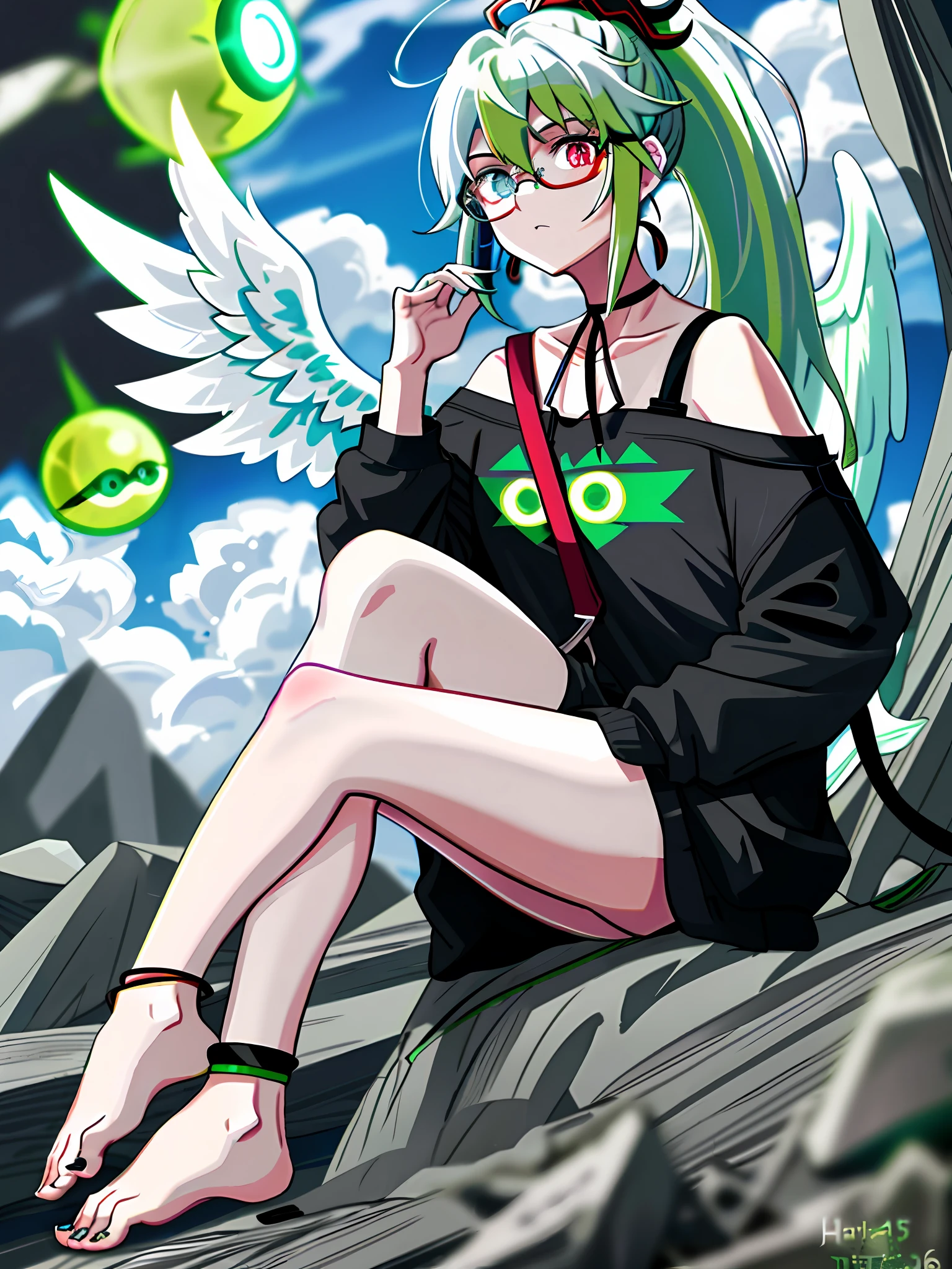 Glasses, green hair, large ponytail, heterochromic pupils, blue pupils of left eye, red pupils of right eye, angel wings, head ring, white head flower, casual wear, black backpack strap, neck strap, bare foot, bare foot, single, ankle ring, leg ring