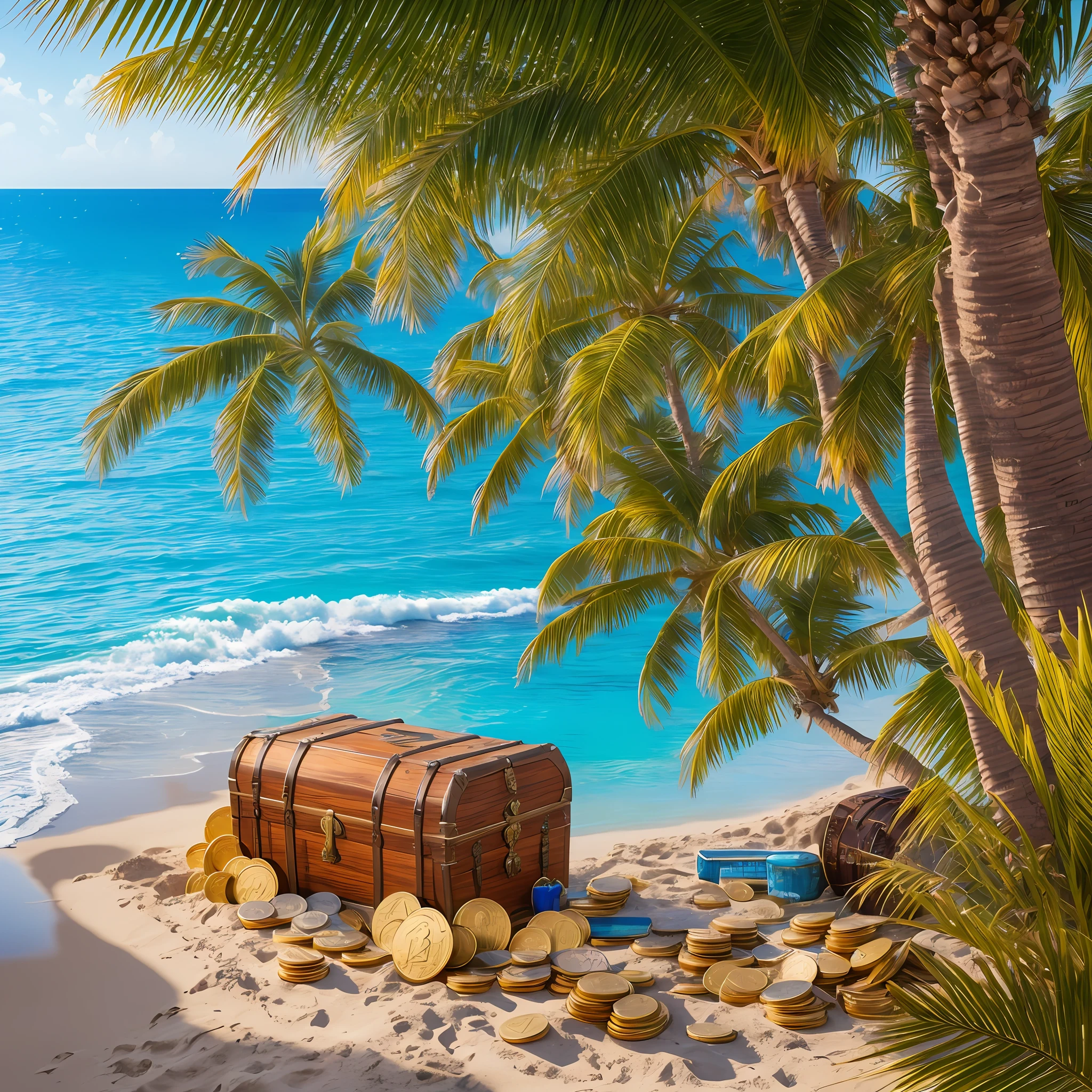 imagine a beach, with palm trees, and a pirate chest surrounded by gold coins, in high resolution, 8k, ultrarealistic --auto --s2
