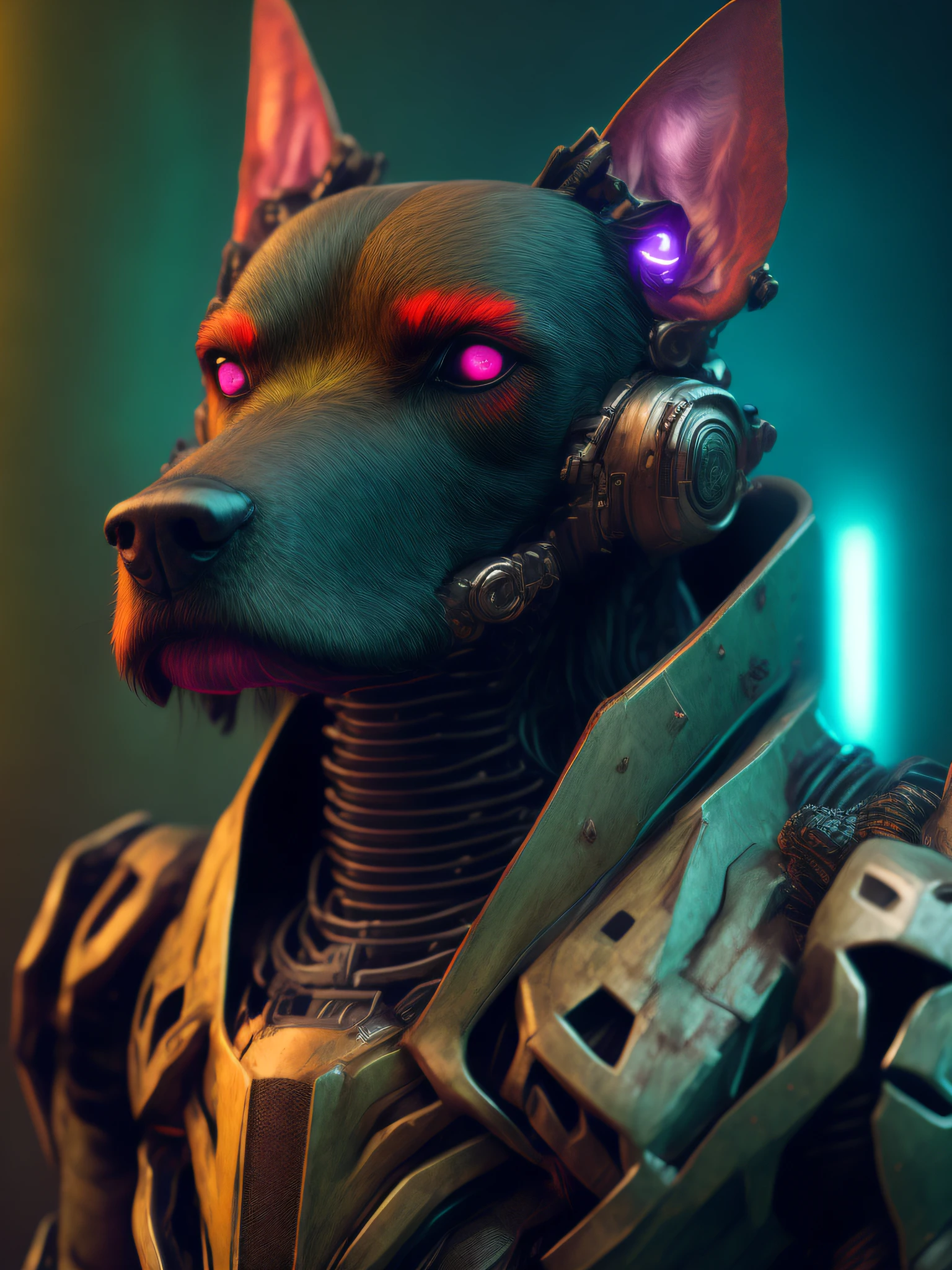 A Shutzu Terrier (robot) dog as the doomslayer, cyberpunk realistic cyberpunk armor robot, close-up portrait