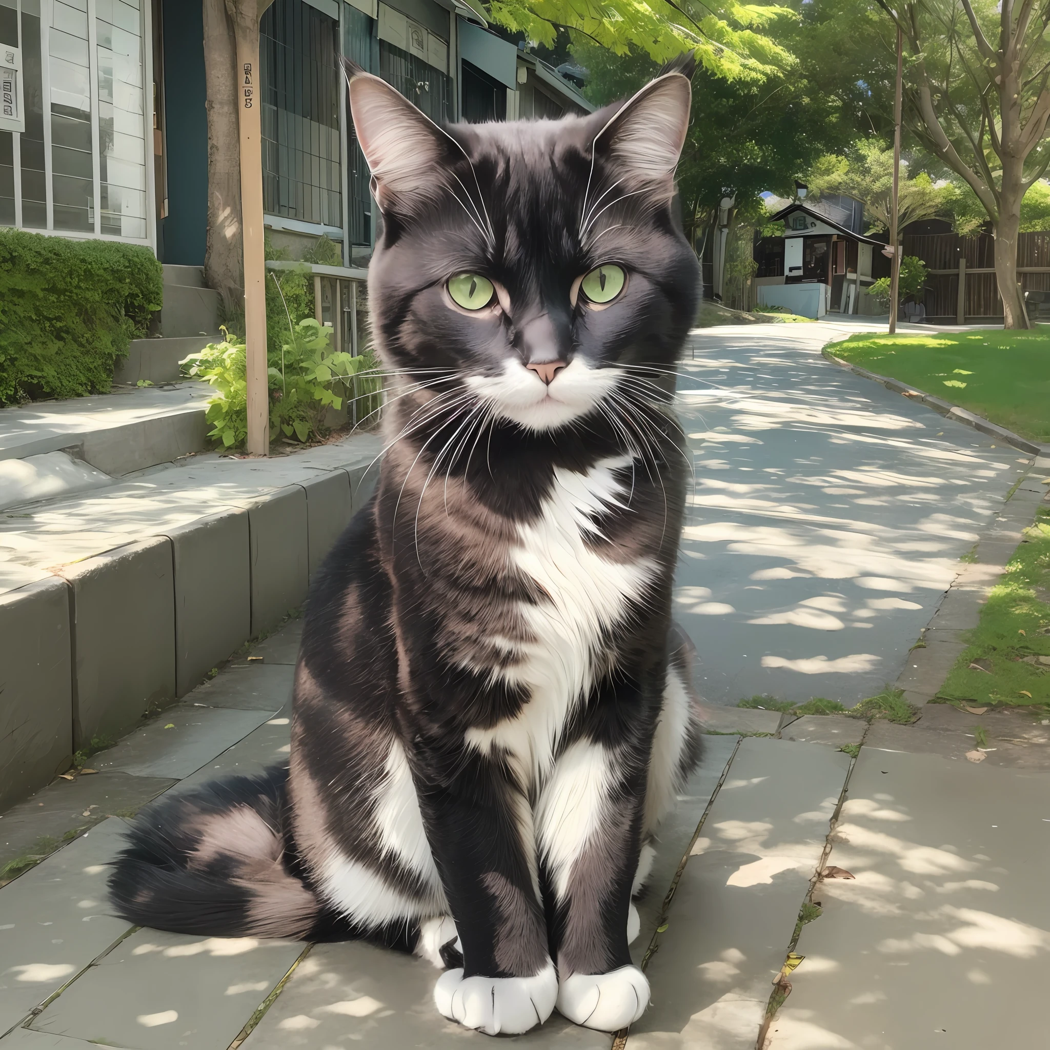 Cat, animal, black, very green eyes, estimate manga, Japanese drawing, sitting on the sidewalk, background large trees --auto --s2