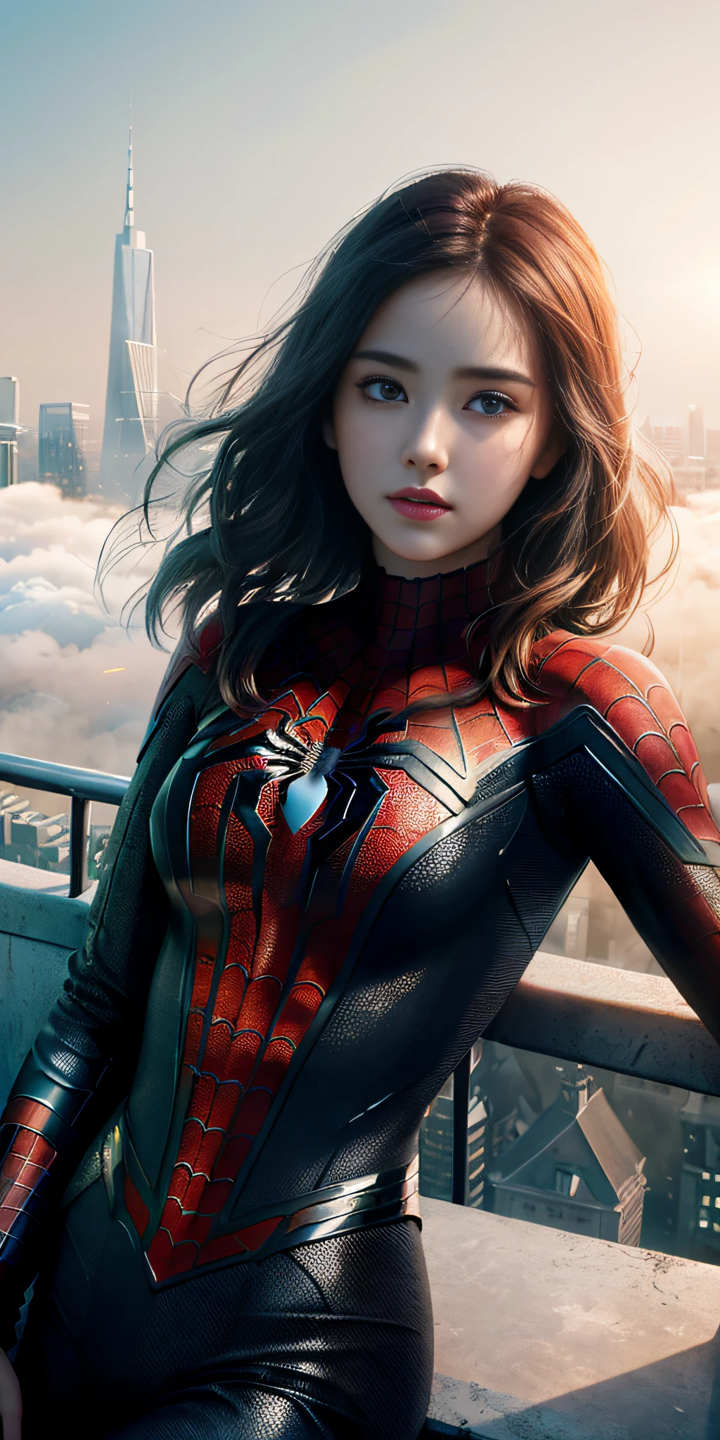 (1girl:1.3), Solo, (((Very detailed face)))), ((Very detailed eyes and face)))), Beautiful detail eyes, Body parts__, Official art, Unified 8k wallpaper, Super detailed, beautiful and beautiful, beautiful, masterpiece, best quality, original, masterpiece, super fine photo, best quality, super high resolution, realistic realism, sunlight, full body portrait, amazing beauty, dynamic pose, delicate face, vibrant eyes, (from the front), She wears Spider-Man suit, red and black color scheme, spider, very detailed city roof background, rooftop, overlooking the city, detailed face, detailed complex busy background, messy, gorgeous, milky white, highly detailed skin, realistic skin details, visible pores, clear focus, volumetric fog, 8k uhd, DSLR, high quality, film grain, fair skin, photo realism, lomography, futuristic dystopian megalopolis, translucent