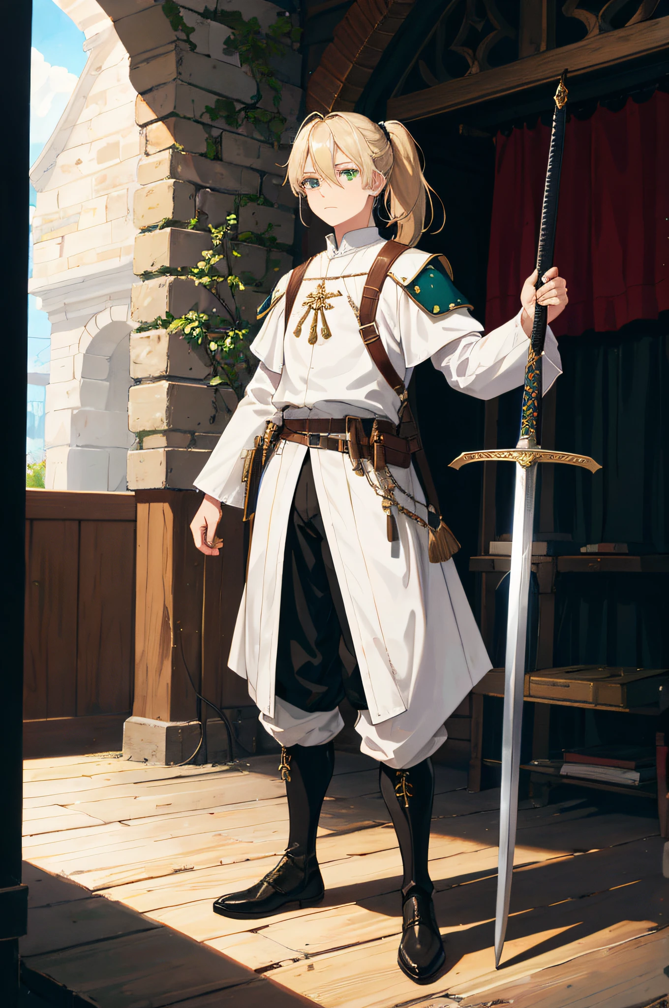 extremely detailed illustration of a 15 year old man, medieval costume, white skin, medium length blonde hair, ponytail, green eyes, medieval clothing, white shirt, black pants, black boot, holding sword, sword combat pose, sword battle suit, anime