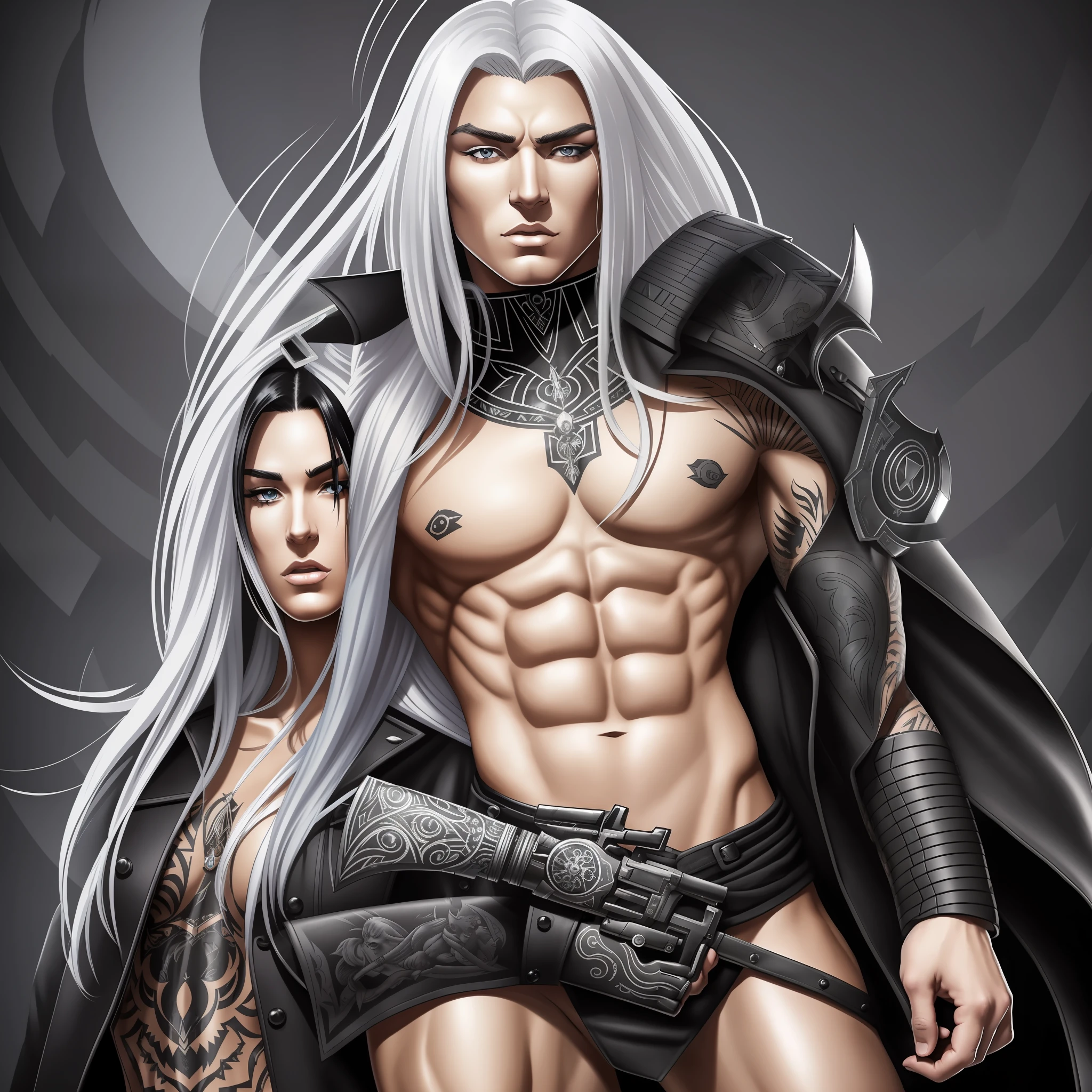 A woman with Nordic features with long black hair wearing a black mini skirt and an overcoat and with a futuristic pistol in each hand next to a muscular man with Nordic features two meters tall and blond hair, shirtless and with various animal tattoos scattered all over his body wearing black pants. --auto --s2