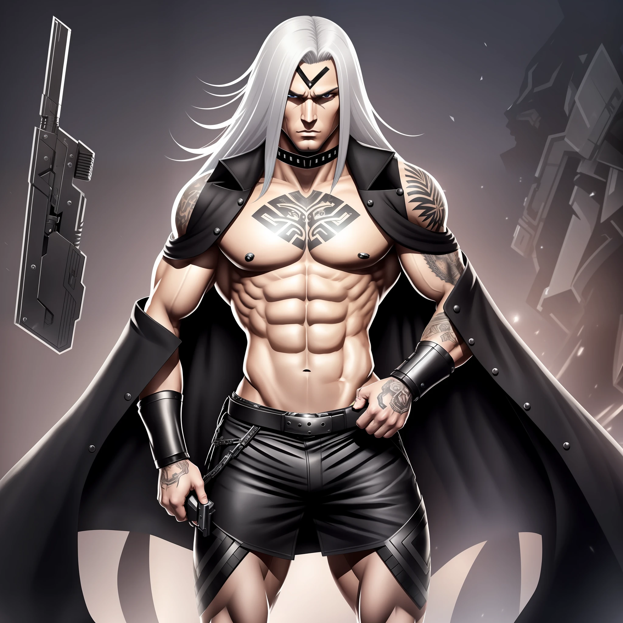 A woman with Nordic features with long black hair wearing a black  and an overcoat and with a futuristic pistol in each hand next to a muscular man with Nordic features two meters tall and blond hair,  and with various animal tattoos scattered all over his body wearing black pants. --auto --s2