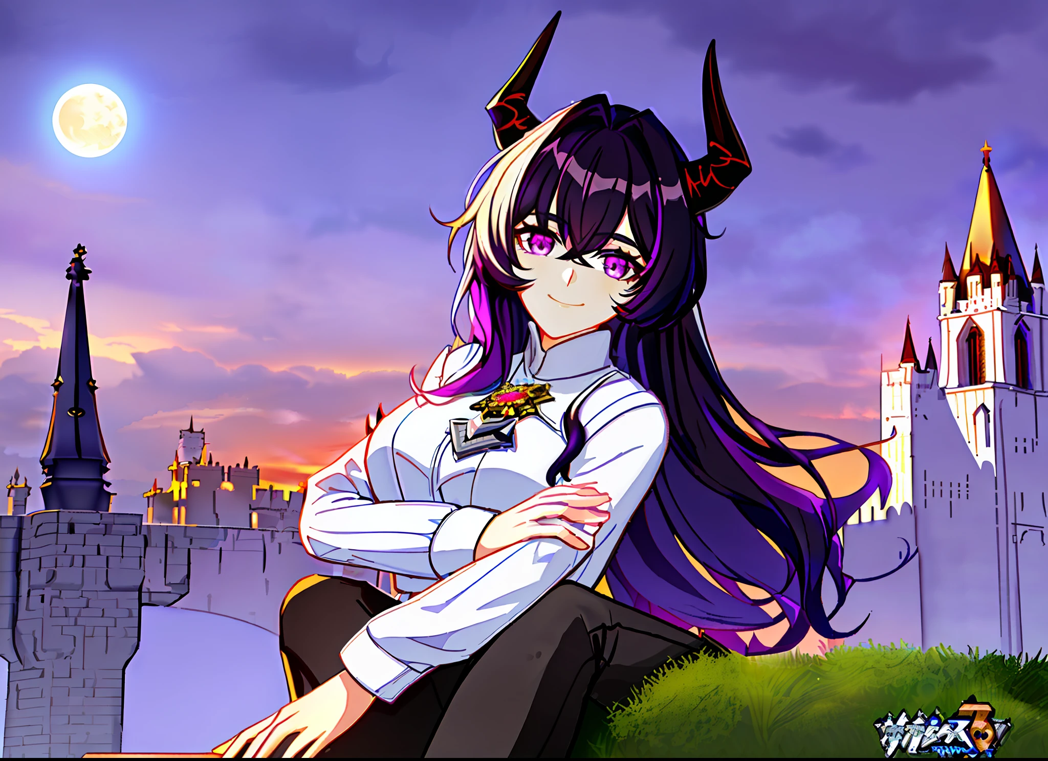 ((highest quality, masterpiece, 4k, finely detailed, detailed eyes, detailed face, intricate details, gelbooru, pixiv)), warm lighting, ((solo)), 1girl, (((dark purple demon horns))), ((sharp but gentle eye shape, purple eye color)), medium chest, (((black hair, long hair, middle strand, messy hair)), looking at viewer, smile, ((bleached jeans, white sweater)), cloudy sky, moon night, moon shine, sitting on castle wall, castle background, hands next to body