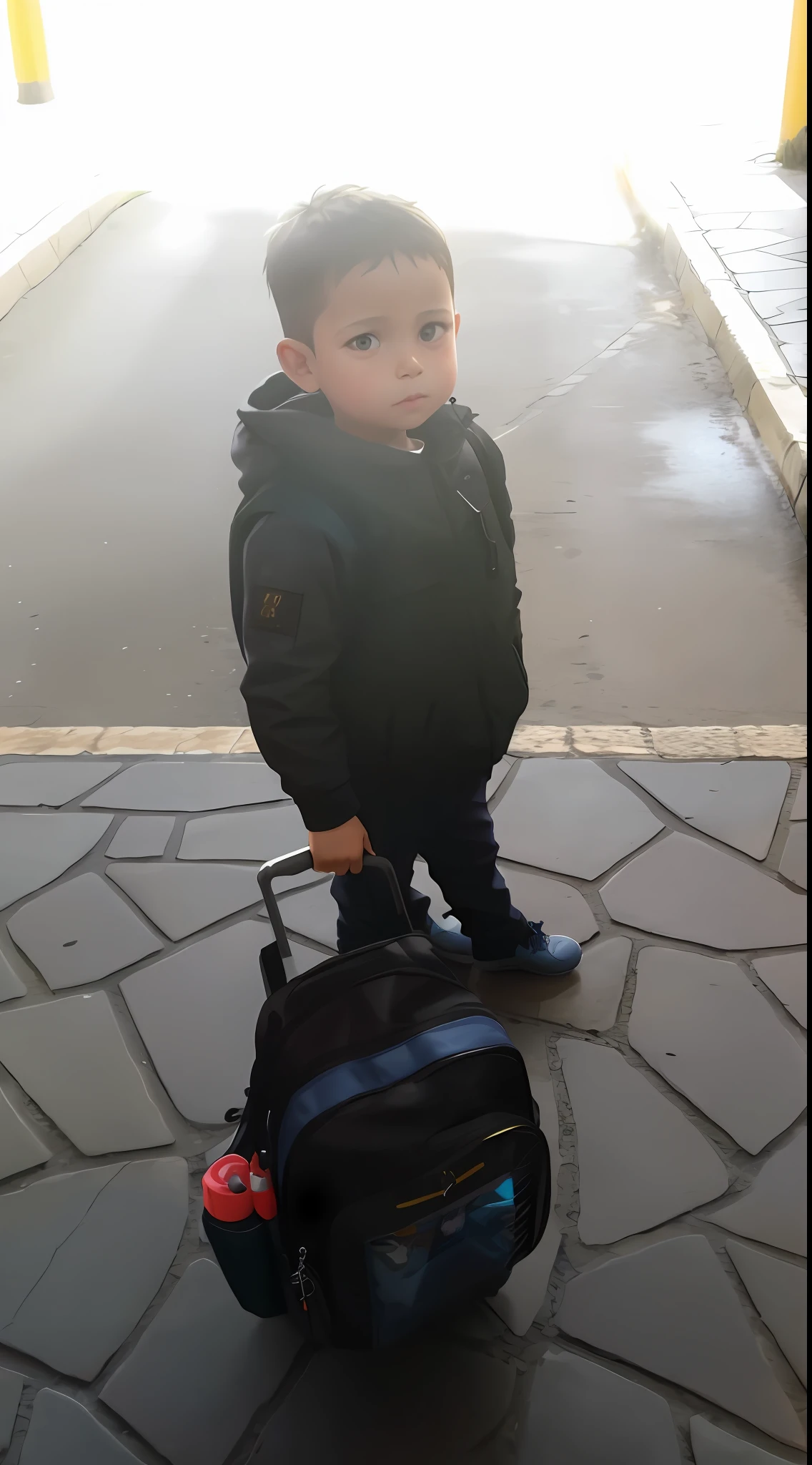 there is a small boy with a backpack standing on the sidewalk, 2 years old, with a backpack, walking boy, 4yr old, diego 5, vacation photo, 5 years old, he is! about 3 0 years old, he is carrying a black briefcase, he is about 3 0 years old, he is about 30 years old