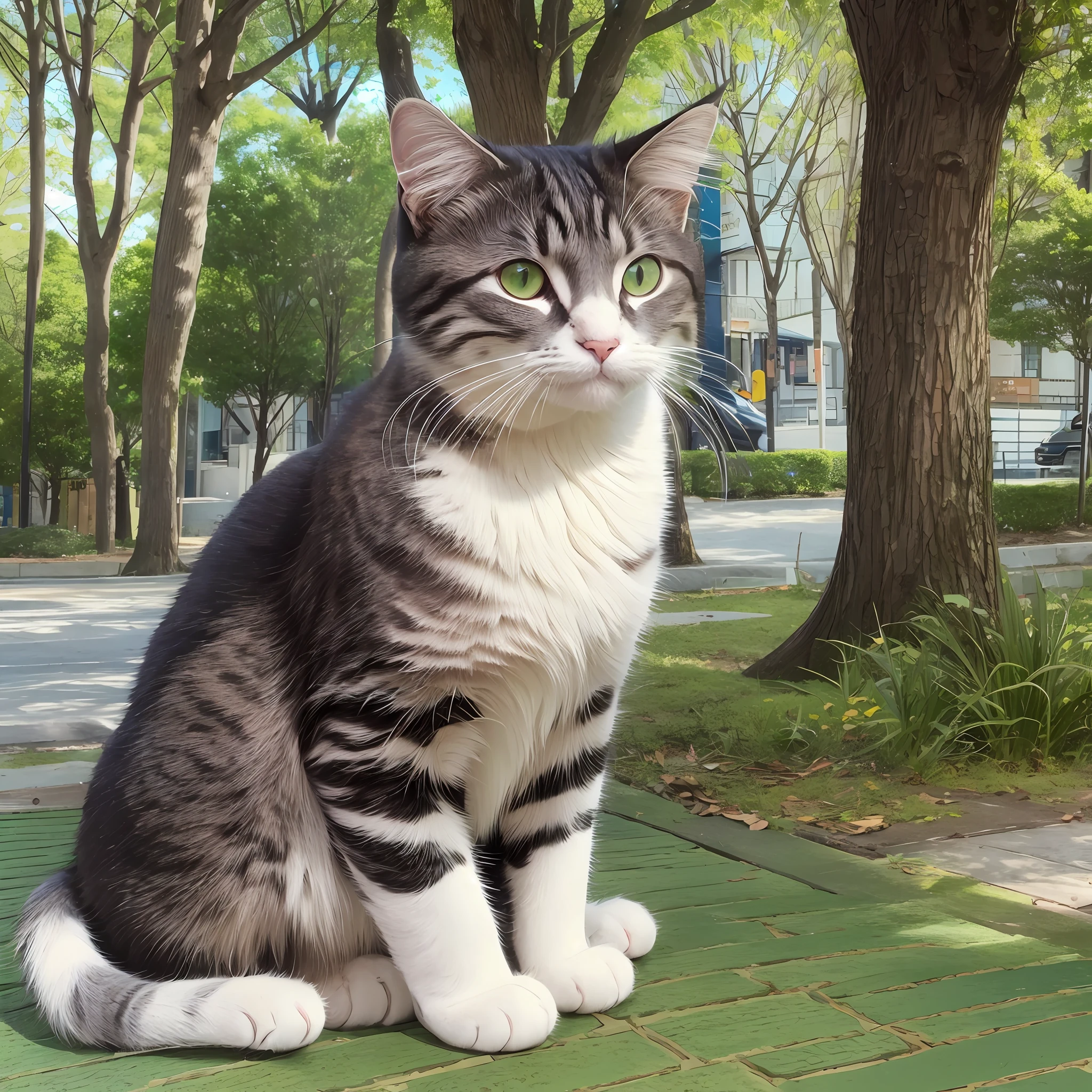 Cat, animal, black, very green eyes, estimate manga, Japanese drawing, sitting on the sidewalk, background large trees --auto --s2