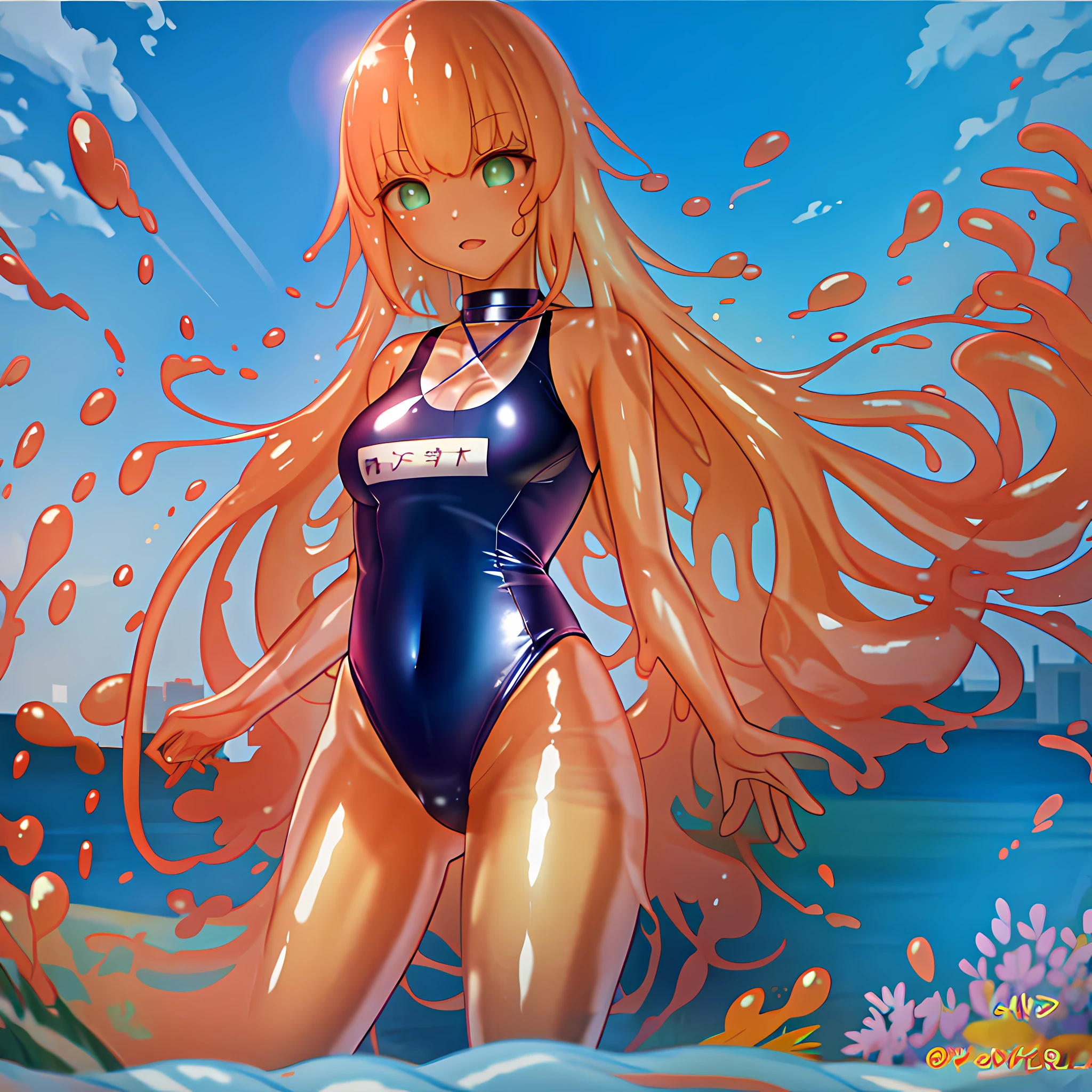 (masterpiece, background quality, ultra detailed, best illustration: 1.2), 1 girl, (transparent and transparent slime girl: 1.3), (transparent: 1.4), (transparent: 1.3), beautiful detailed face, ((highneck swimsuit)), white thighs, sunny, blue sky, cityscape,