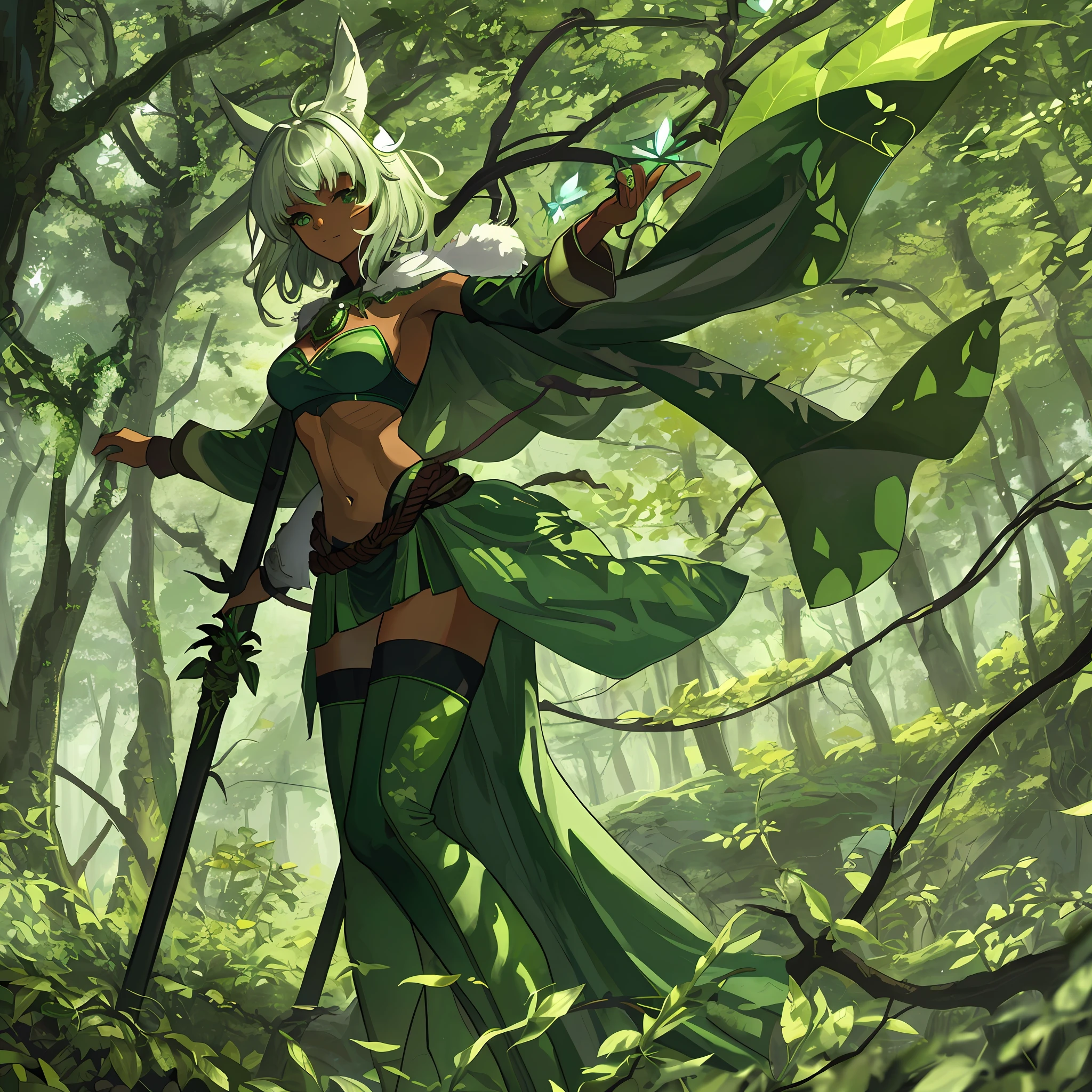 fantasy, 1forest_elemental_girl, fighting, (using_leaves_clothes, green_leaves_covered_breasts, leaves_covered_pussy)+++,medium_breasts,dynamic_pose_standing, light_smile, sleepy, medium_hair, navel,(dark_skin)+, oil, (winding_vine_around_torso)++, plump,forest, trees_background, leaves_headgear, green_leaves_cape, hold_large_long_staff, thighhighs,