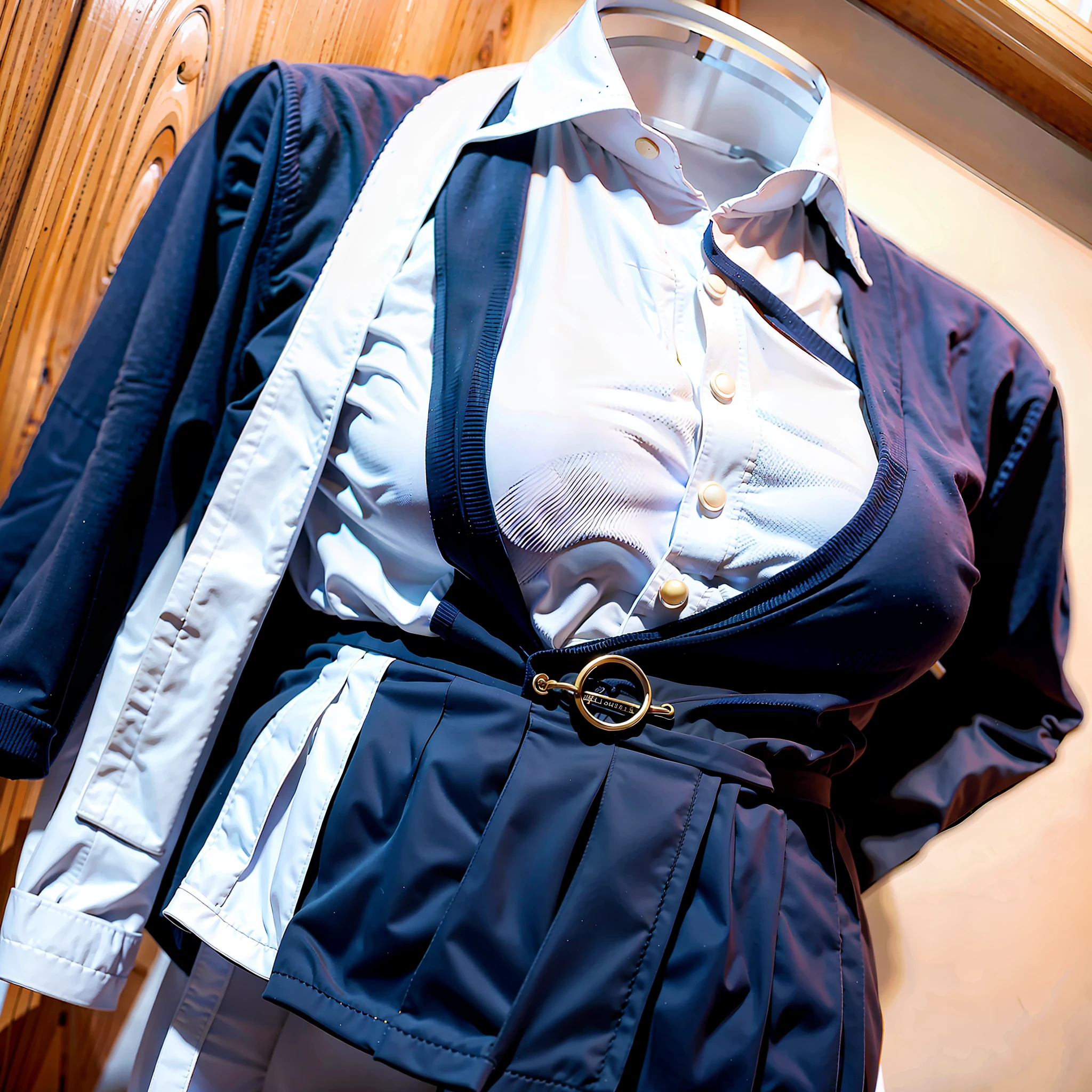 hanger school uniforms in closet raise their sleeves as if invisible girl wear it, school uniforms swells as if possessed by invisible girls, school uniforms have huge breasts, (((((no humans))))), (headless), faceless, invisible girls, from above, (hanger), jk ribbon on the neck, (in closet), armpits, hand on hip, (masterpiece), missing limb, absurdres, invisible, huge breasts
