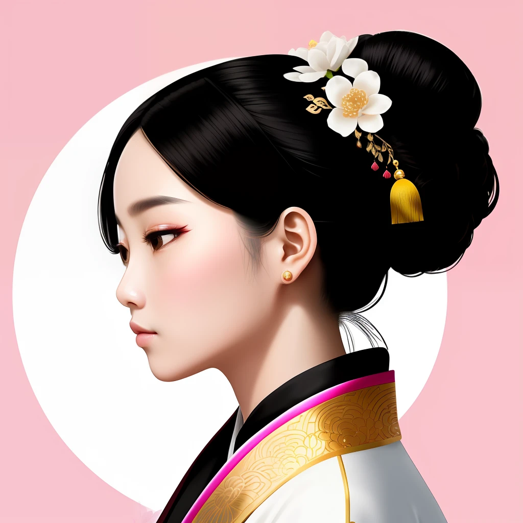 one woman with chinese features, black hair arranged in a bun, and dark brown eyes; she is wearing a white hanfu with details of flowers blooming in pink and gold, and a jade brooch in her hair. she is in profile. portrait style image.