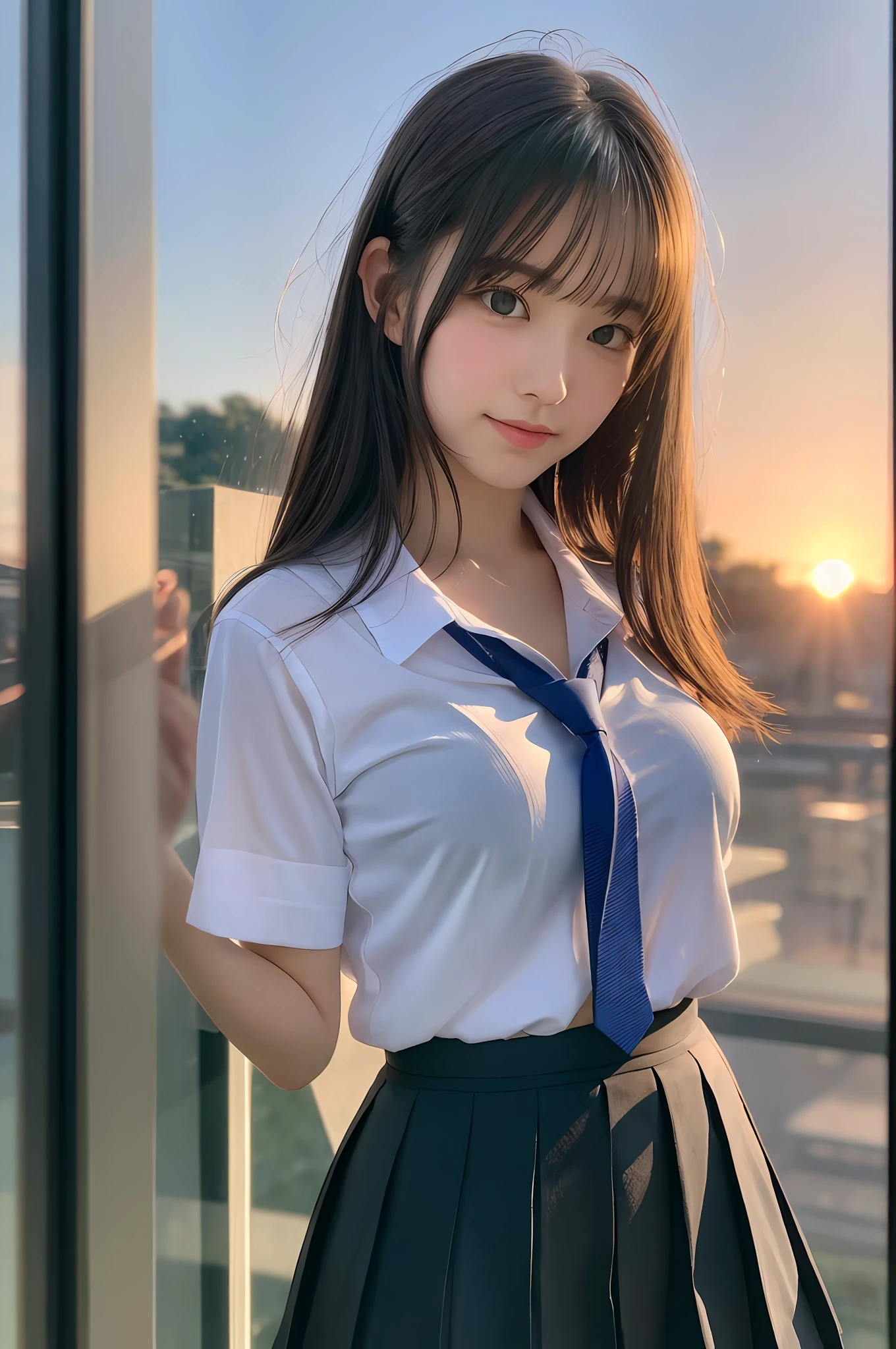 8K, Top Quality, Real Image, Complex Detail, Ultra Detail, Ultra High Definition, Depth Field,(Photoreal,Real:1.2),Masterpiece, 0.25 :: Close Up , Straight On Shot , 1girl, ai_chan, Very Beautiful  Girl, Innocent Big Eyes, (Brown_SHORT_hair), (GREEN_eyes:1.0),( bangs),disheveled hair,(hair clip), perfect shiny skin, perfect skin, fair skin, just the right size breasts, cleavage, narrow waist, light blush, solo, look at the viewer, light smile,
chubby under clothes, sweat,
Wear ((school_uniform), (white_skirt), (BLUE_Long_Tie), (BLUE_pleated_skirt), (Black_pantyhose): 1.2),
(Gravure Pose: 1.1),
sunset
Japan High School ,