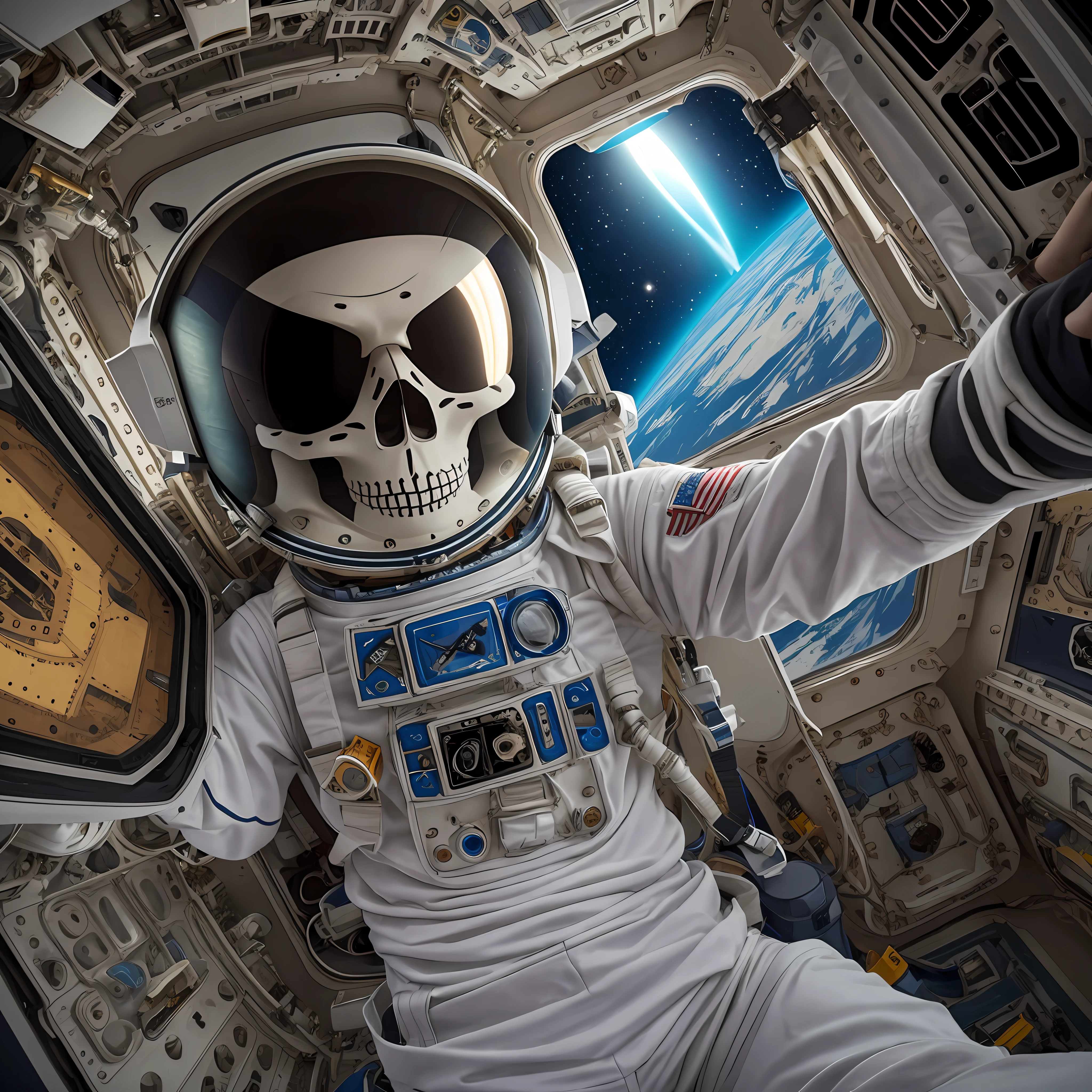 A skeleton astronaut taking a third-person selfie in space, cartoon-style --auto --s2