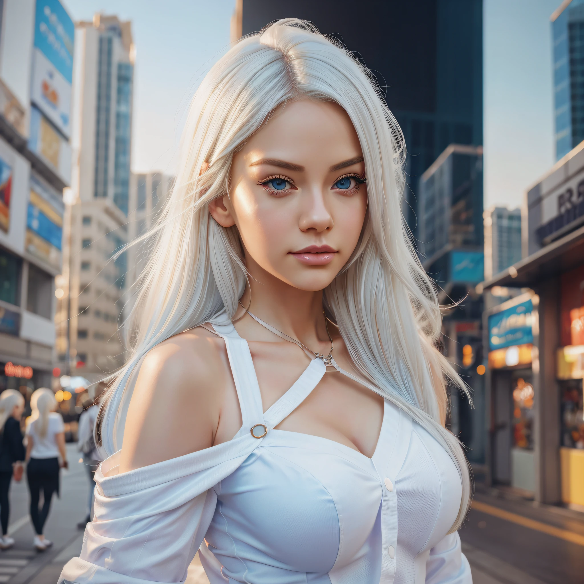 anime girl with blonde hair and blue eyes posing in a city, ross tran style, in the style of ross tran, inspired by Ross Tran, girl with white hair, rossdraws global illumination, style artgerm, ross tran 8 k, artgerm and atey ghailan, by Ross Tran, perfect white haired girl, ross tran!!!, beautiful character painting