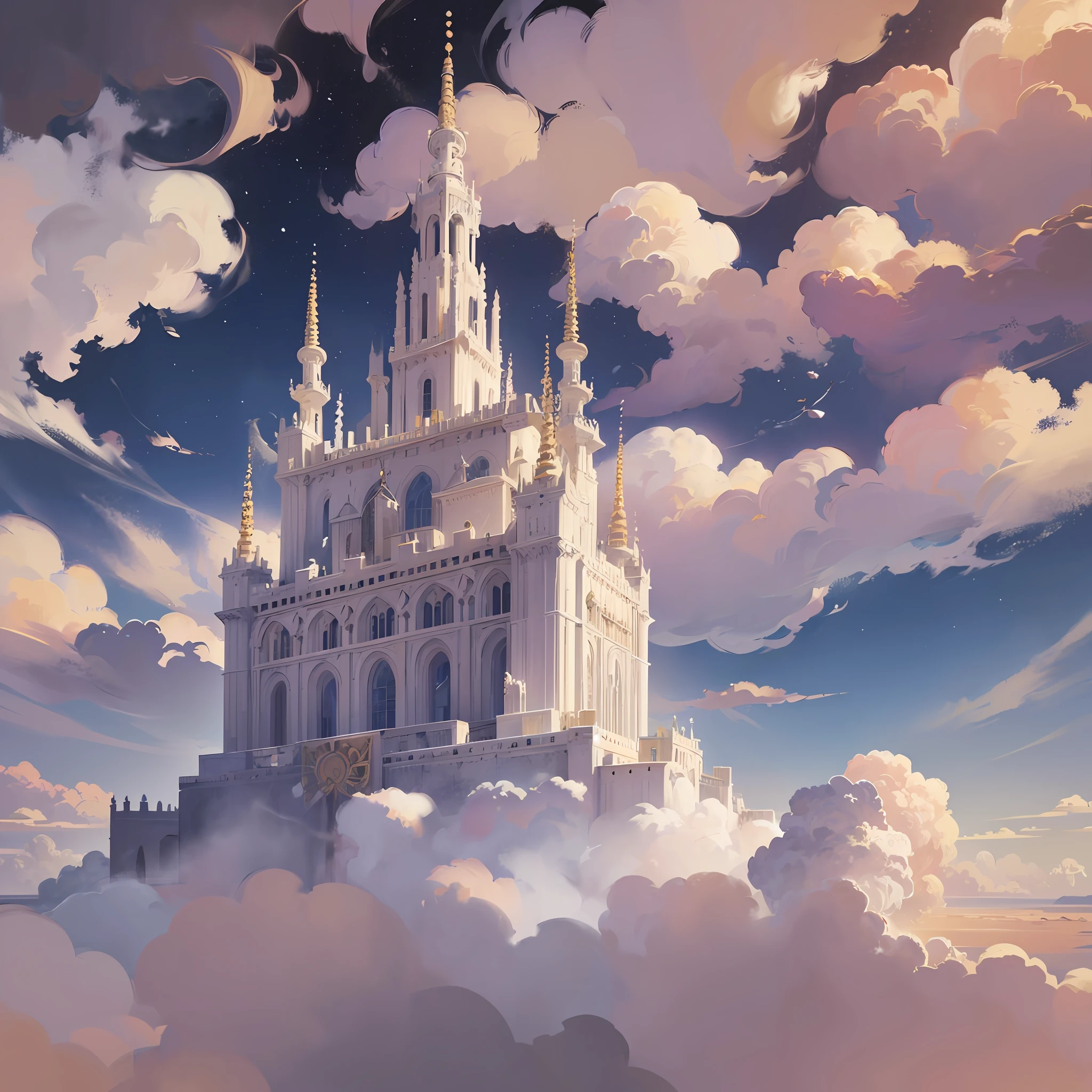 Sacred land in the clouds, majestic palace in the skies, palace in white marble architecture vikings valhalla, medieval gothic palace, divine clouds, realistic and detailed golden sky in twilight, realistic angelic clouds, highly detailed comic book traces, stunning view, palace in white marbles, realistic clouds --auto --s2