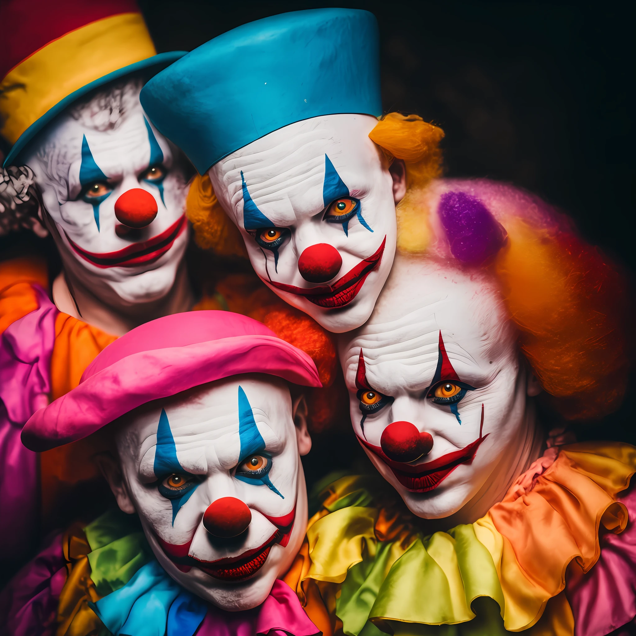 clowns are posing for a photo with their faces painted, of a gang of circus clowns, wearing accurate clown makeup, circus clowns, clowns, wearing clown makeup, wearing bizarre clown makeup, the money of clowns, clown makeup, real clown makeup, realistic clown makeup, shutterstock, clown, clowns boxing, clown world, clown face, clown makeup and rainbow wig