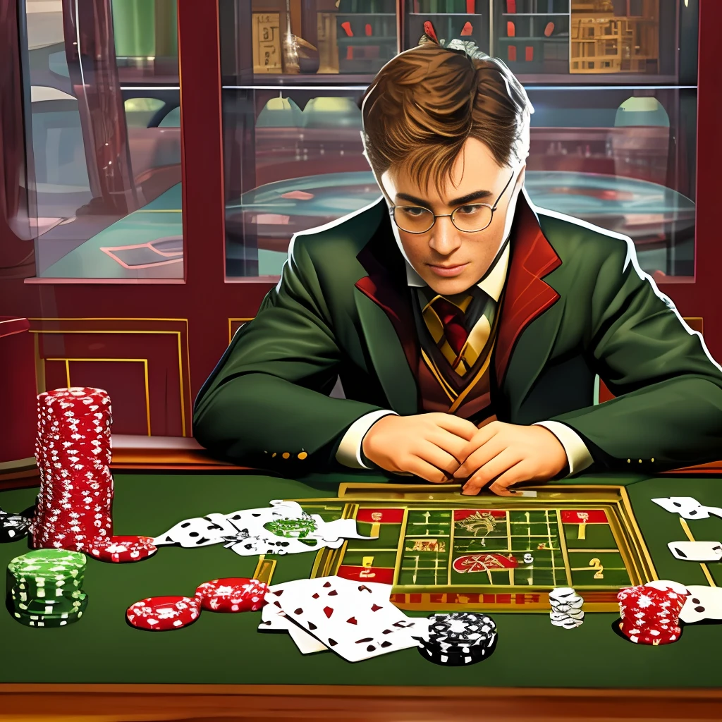 Harry Potter at the Casino, betting the philosopher's stone on roulette. With the glasses cracked in the glass. Countenance of Happiness --auto --s2