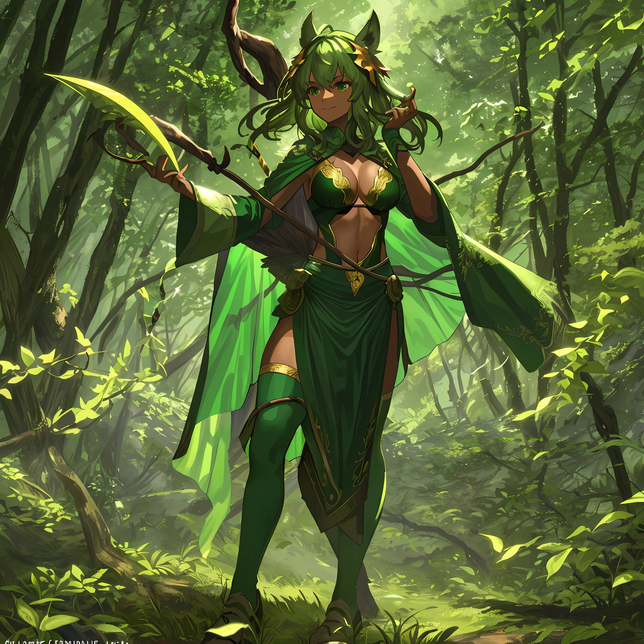 fantasy, 1forest_elemental_girl, fighting, (using_leaves_clothes, green_leaves_covered_breasts, leaves_covered_pussy)+++,medium_breasts,dynamic_pose_standing, light_smile, sleepy, medium_hair, navel,(dark_skin)+, oil, (winding_vine_around_torso)++, plump,forest, trees_background, leaves_headgear, green_leaves_cape, hold_large_long_staff, thighhighs,