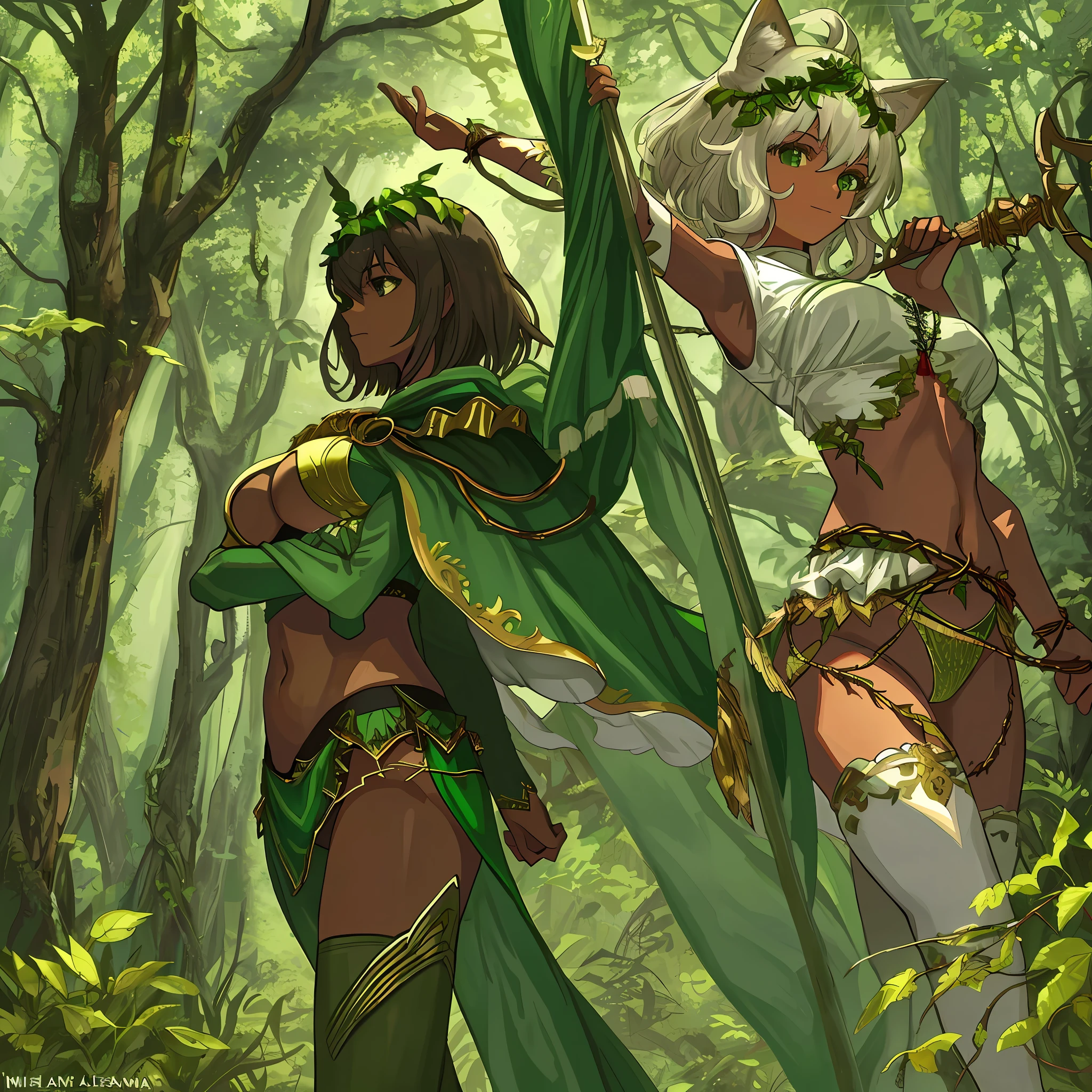 fantasy, 1forest_elemental_girl, fighting, (using_leaves_clothes, green_leaves_covered_breasts, leaves_covered_pussy)+++,medium_breasts,dynamic_pose_standing, light_smile, sleepy, medium_hair, navel,(dark_skin)+, oil, (winding_vine_around_torso)++, plump,forest, trees_background, leaves_headgear, green_leaves_cape, hold_large_long_staff, thighhighs,