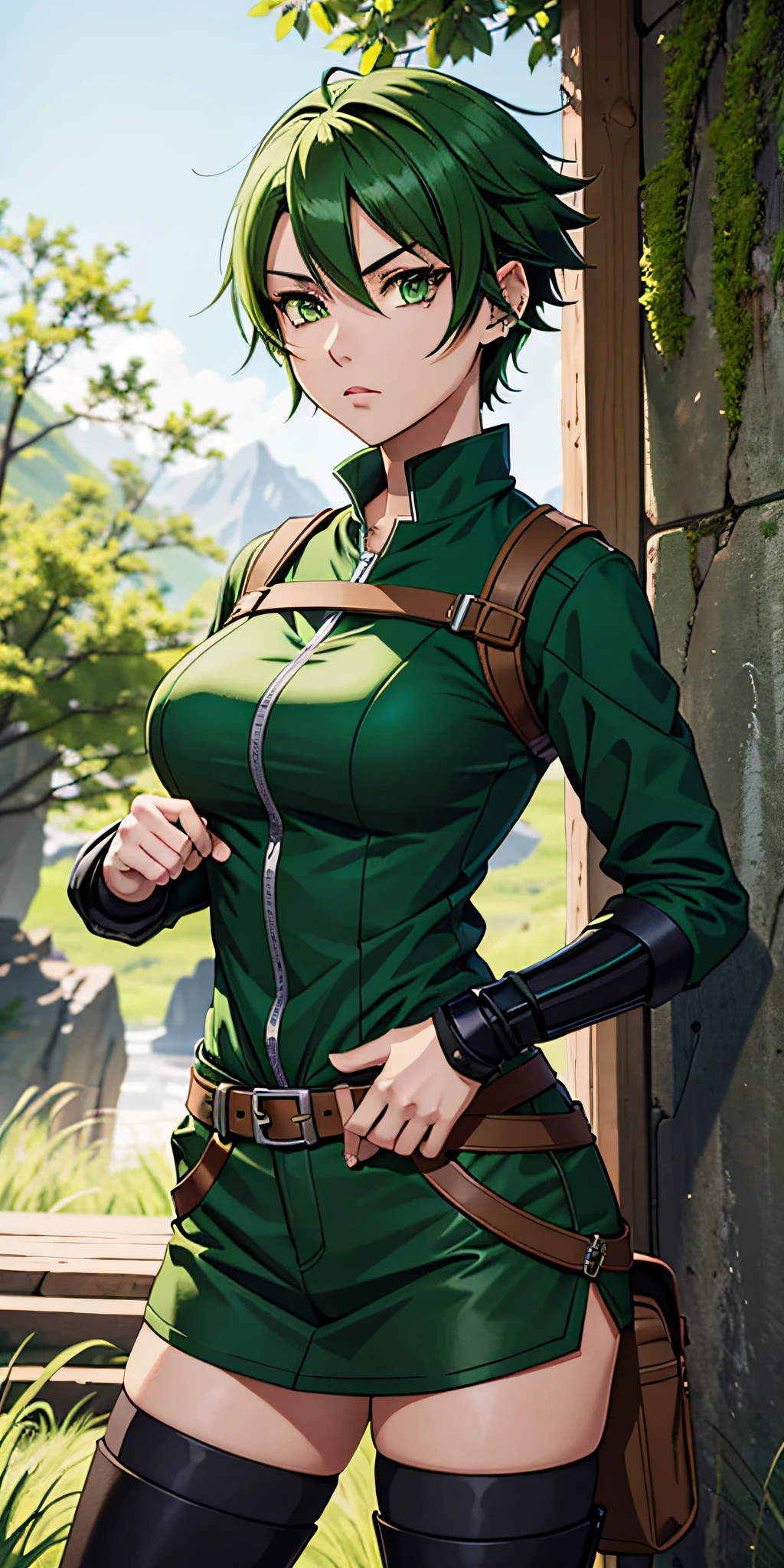 A fierce and independent ranger (anime waifu) with short green hair and piercing green eyes, who lives a life of adventure in the wild