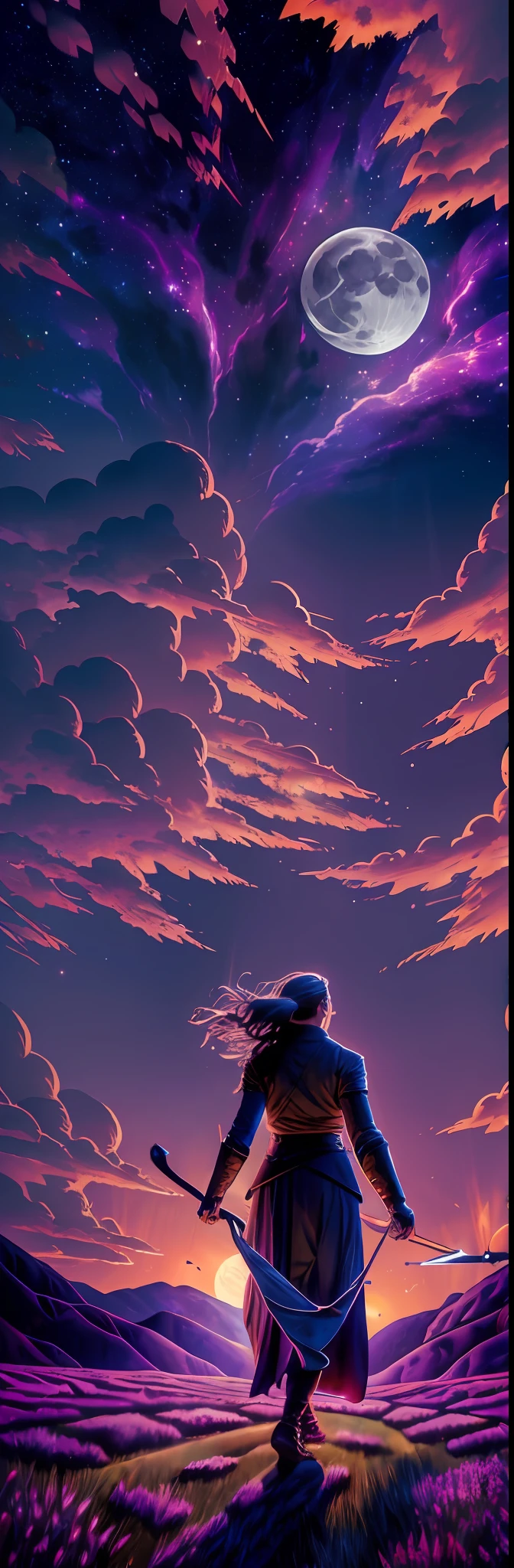 expansive landscape photograph , (a view from below that shows sky above and open field below), a girl standing on flower field looking up, (full moon:1.2), ( shooting stars:0.9), (nebula:1.3), distant mountain, tree BREAK
production art, (warm light source:1.2), (Firefly:1.2), lamp, lot of purple and orange, intricate details, volumetric lighting, realism BREAK
(masterpiece:1.2), (best quality), 4k, ultra-detailed, (dynamic composition:1.4), highly detailed, colorful details,( iridescent colors:1.2), (glowing lighting, atmospheric lighting), dreamy, magical, (solo:1.2)