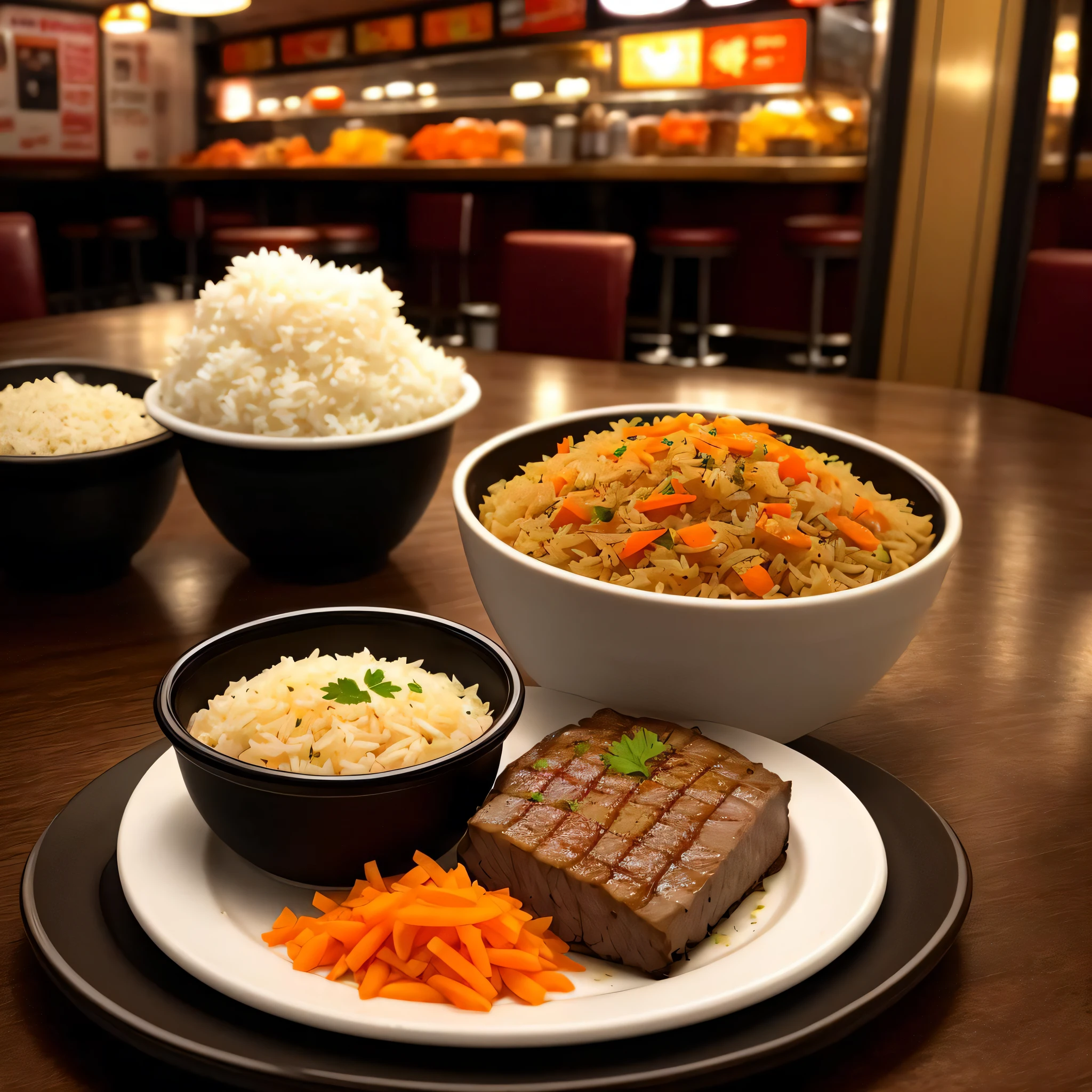 (dark shot: 1.1), epic realism, photograph of amazing pilau, meat, carrot, garlic
in a bowl, retro diner background, (intricate details: 1.12), hdr, cinematic, warm light