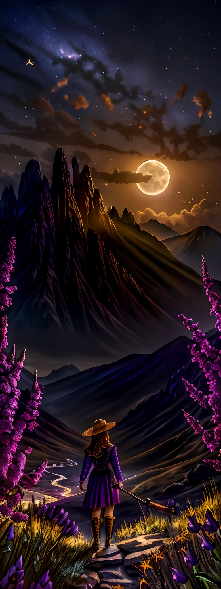 expansive landscape photograph , (a view from below that shows sky above and open field below), a girl standing on flower field looking up, (full moon:1.2), ( shooting stars:0.9), (nebula:1.3), distant mountain, tree BREAK
production art, (warm light source:1.2), (Firefly:1.2), lamp, lot of purple and orange, intricate details, volumetric lighting, realism BREAK
(masterpiece:1.2), (best quality), 4k, ultra-detailed, (dynamic composition:1.4), highly detailed, colorful details,( iridescent colors:1.2), (glowing lighting, atmospheric lighting), dreamy, magical, (solo:1.2)
