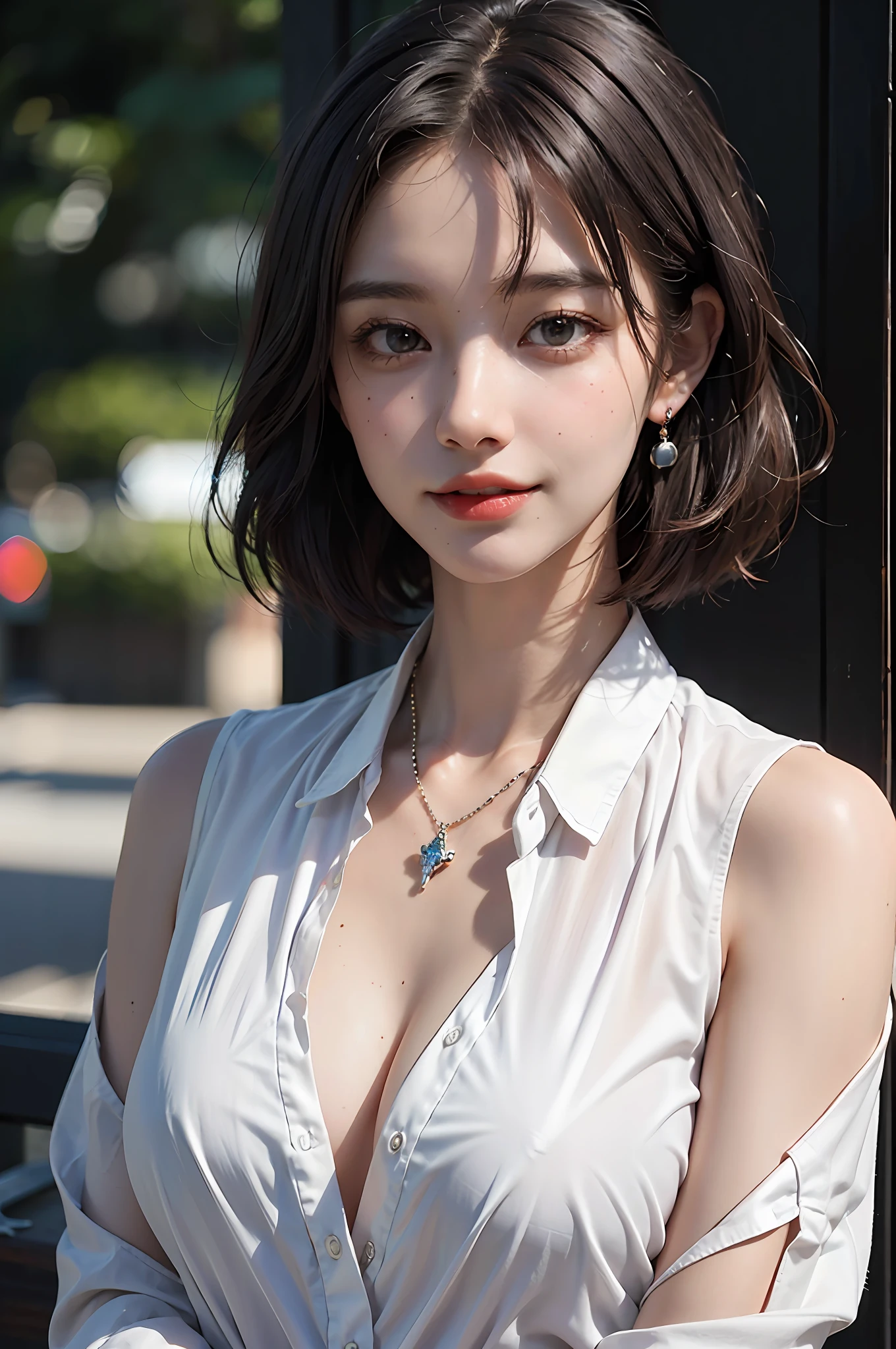 (buttons up to shirt length: 1.2), (rain-soaked white shirt), (unbuttoned shirt: 1.1), big, deep cleavage, top quality, masterpiece, illustration, very delicate and beautiful, very detailed, cg, unity, 8k wallpaper, amazing, fine detail, highly detailed CG Unity 8K wallpaper, huge file size, very detailed, high resolution, handsome detailed woman, Highly detailed eyes and face, stunning detailed eyes, face light, (best illustration: 1.1), (best shadow: 1.1), ultra high resolution, (photorealistic: 1.1), (photorealistic 1.2: 1.1), realistic face proportions, slim, smile, (makeup: 0.4), (fluffy black eyes: 1.21), bangs, short hair, short bob, pale colored eyes, teeth, smile, smile, watch viewer, dark brown hair, mole, earrings, necklace, hairpin, cowboy shot, (irregular irregular skin imperfections, veins, wrinkles on the skin: 1.2), (dark night background: 1.2), (bokeh: 1.4), light background, windowsill, skin gloss