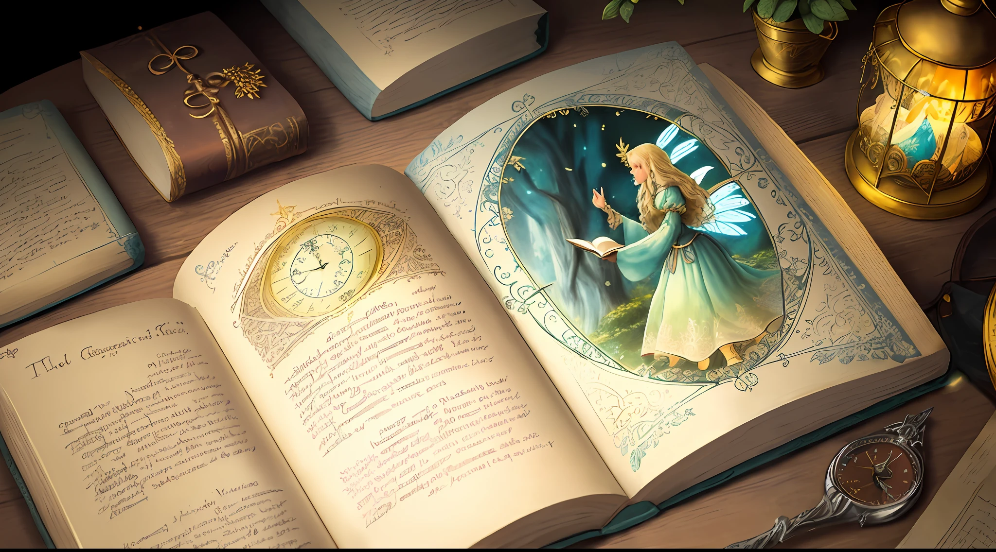 one thick fairy tale book, old, shabby, with golden locks and patterns, Tales is written on it, lies on the table, detailed drawing, light bright colors