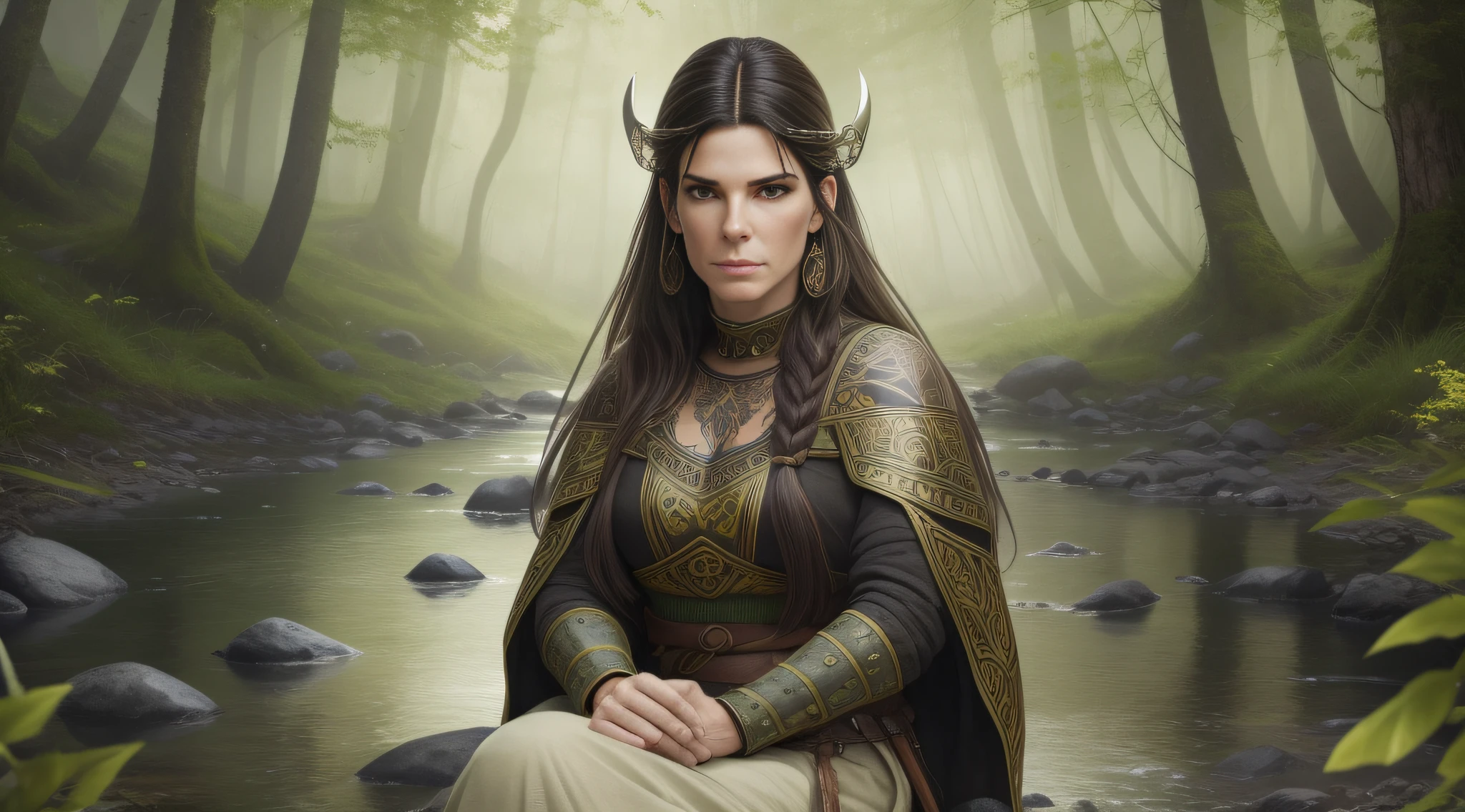 Sandra Bullock is a very beautiful woman, a Viking warrior sitting near a fire at dawn in the middle of a forest on the edge of a stream, the vegetation is green and the lights pass through the leaves of the trees, a soft mist covers the environment, white and gold clothes and black details, Celtic tattoos for the body. Cartoon style, colorful, two-dimensional