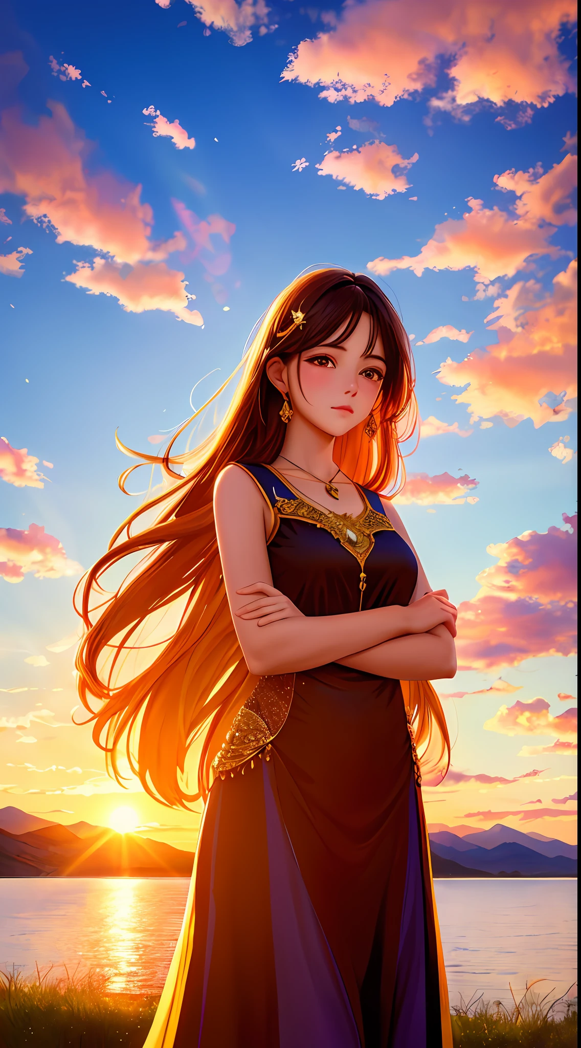 ((masterpiece,best quality,extremely detailed,ultra high res,detailed background)),1 girl,serene expression,mesmerizing eyes,straight long hair,flowing dress,poised posture,porcelain skin,subtle blush,crystal pendant,BREAK
golden hour,((rim lighting)),warm tones,sun flare,soft shadows,vibrant colors,painterly effect,dreamy atmosphere,BREAK
scenic lake,distant mountains,willow tree,calm water,reflection,sunlit clouds,peaceful ambiance,idyllic sunset,