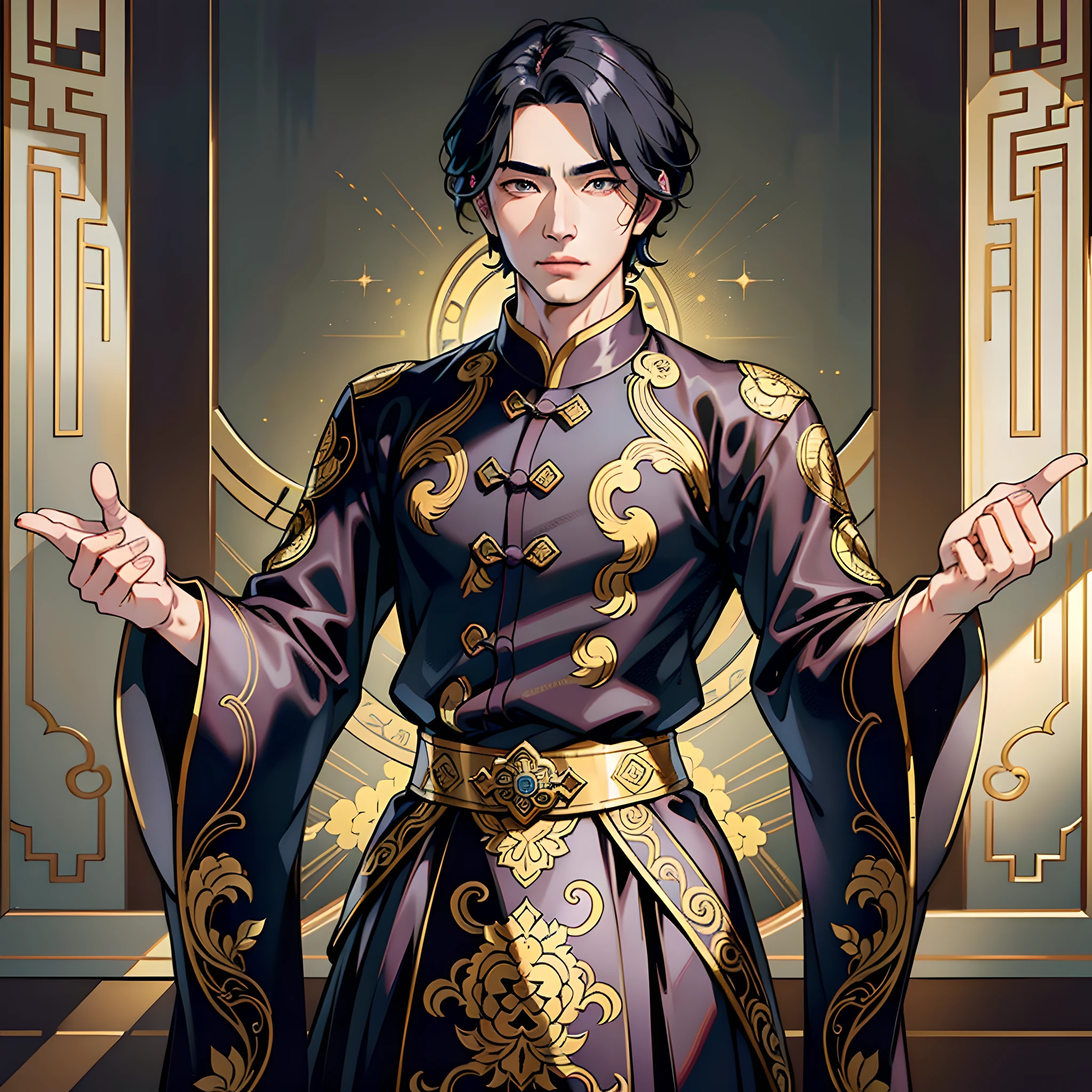 Male, Ming Dynasty style, black silk, gold moire, gold fu pattern, gem setting, wide sleeves, long pleated skirt, damask embroidery at waist, noble, confident, masterpiece, color saturation, warm light, color saturation, realism: 1.6, 8k --auto --s2