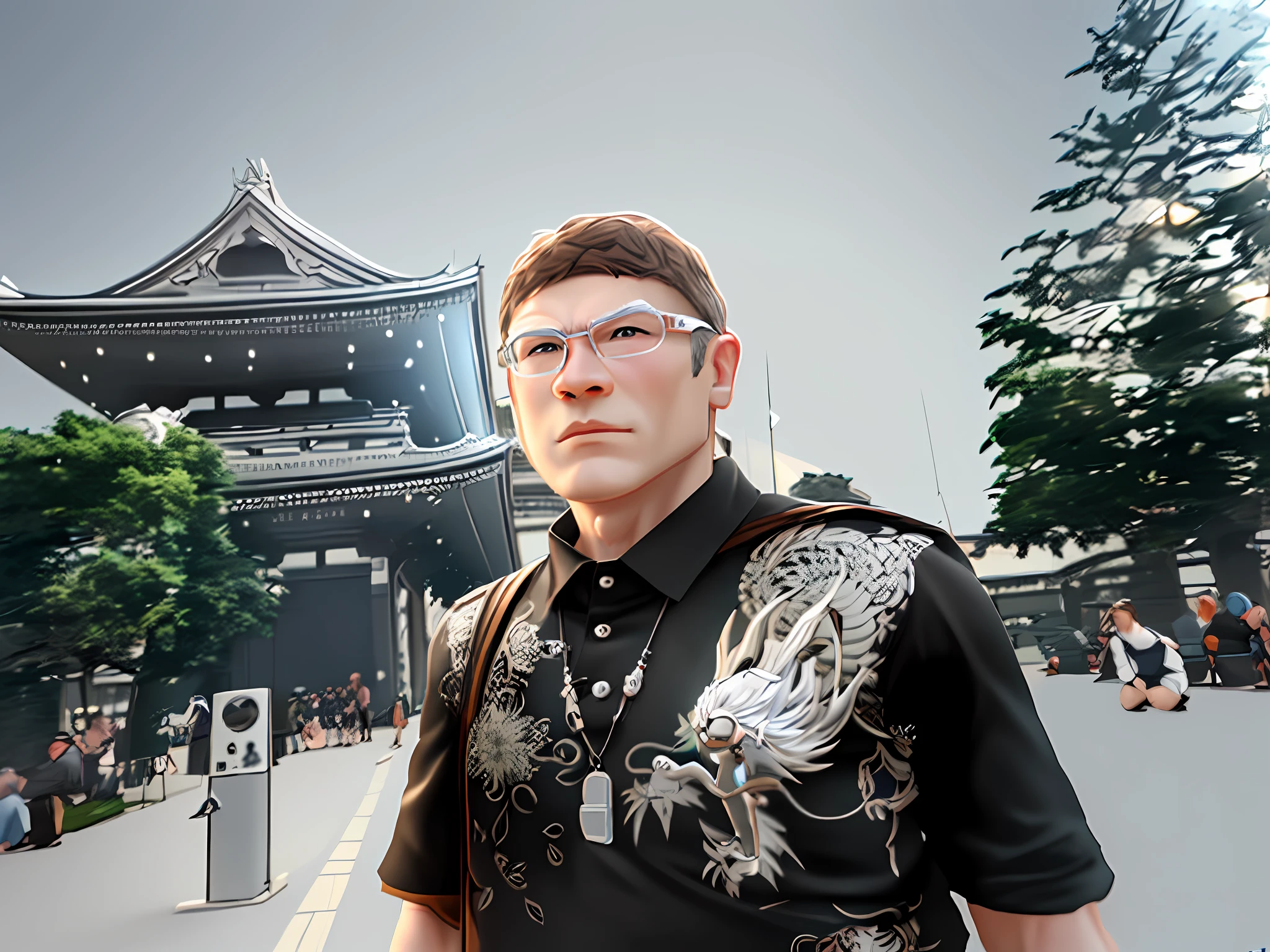 Animated man, hyper-realistic detail style, charming anime characters, light white and dark bronze, childlike innocence, shiny/glossy, cartoon realism, curves