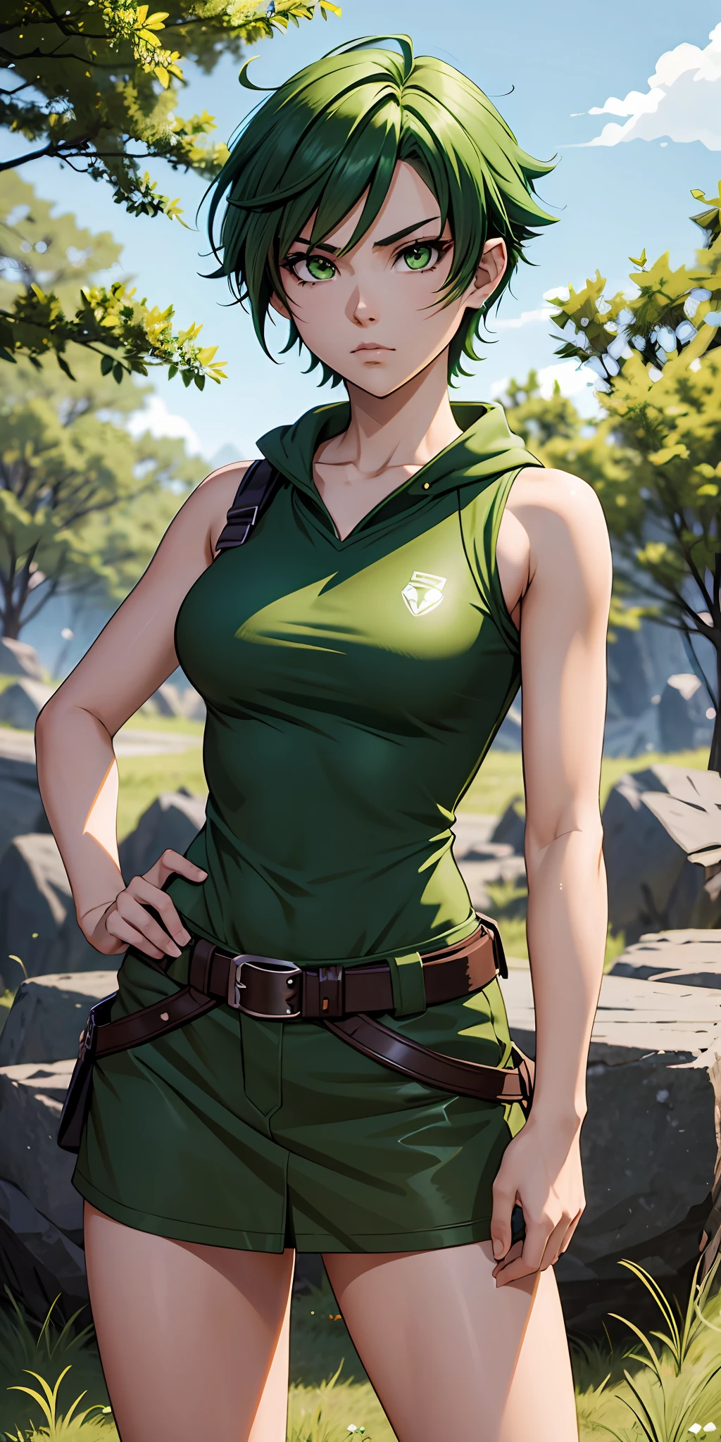 A fierce and independent ranger (anime waifu) with short green hair and piercing green eyes, who lives a life of adventure in the wild