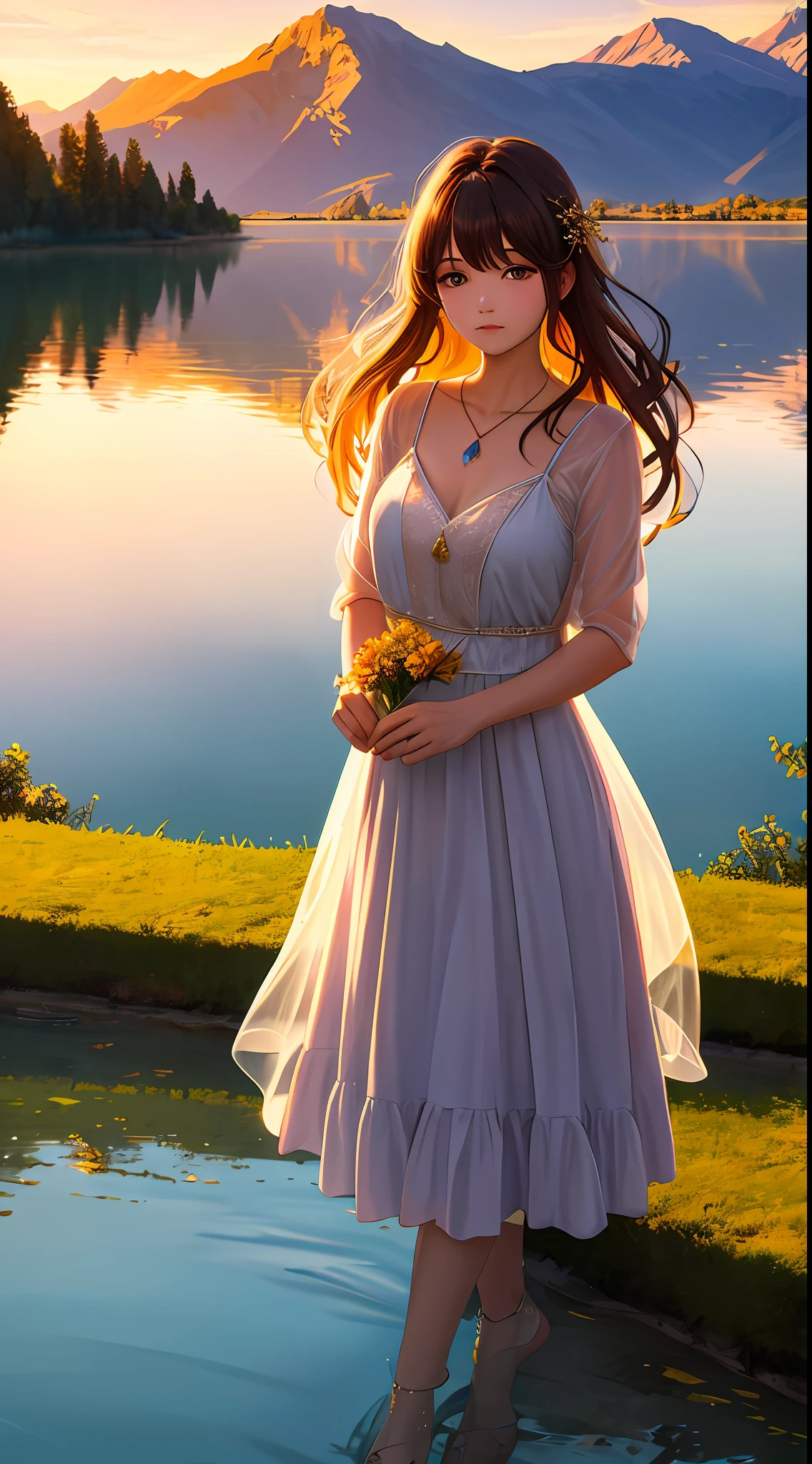 ((masterpiece,best quality,extremely detailed,ultra high res,detailed background)),1 girl,serene expression,mesmerizing eyes,straight long hair,flowing dress,poised posture,porcelain skin,subtle blush,crystal pendant,BREAK 
golden hour,((rim lighting)),warm tones,sun flare,soft shadows,vibrant colors,painterly effect,dreamy atmosphere,BREAK 
scenic lake,distant mountains,willow tree,calm water,reflection,sunlit clouds,peaceful ambiance,idyllic sunset,