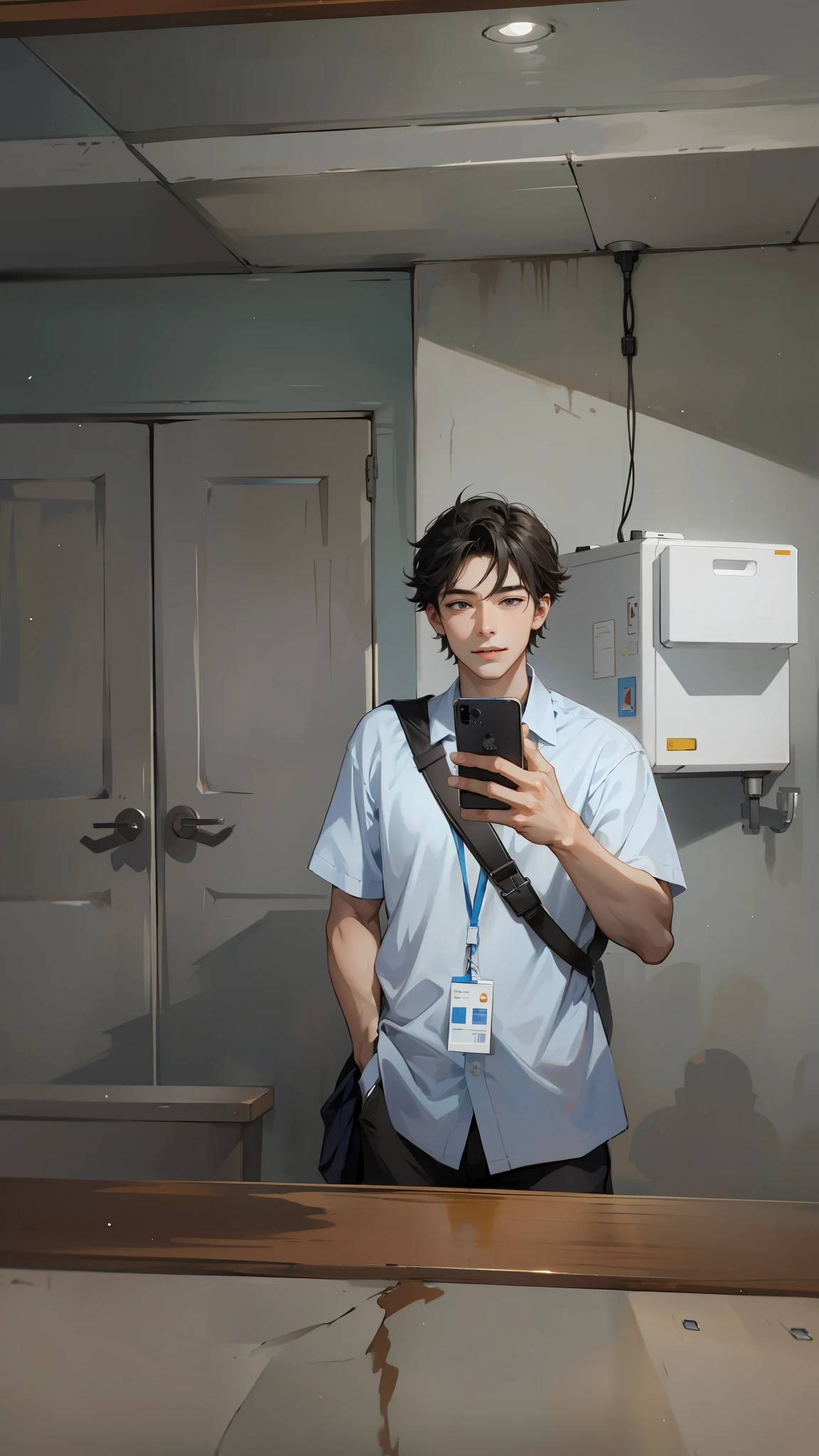 (absurdres,Super-resolution,masterpiece,best quality,finely detailed,absurdres:1.2), dramatic light, dramatic illumination, cinematic, anime scenery, makoto shinkai, ghibli, (((1boy))), young male, short hair, holding phone, attractive male, handsome boy, blue shirt, lanyard, id card, hand holding phone, cinematic lighting, face mask, smile, 18 years old male,