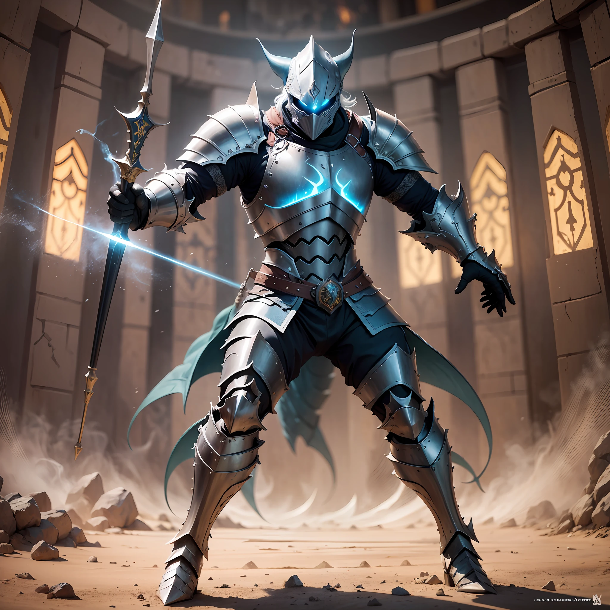 humanoid shark, medieval battle armor, in a medieval combat arena, natural lights, bright and intense visual effects, camera with 360 degree rotation, allowing you to see all the details of the armor and weapon. --auto --s2