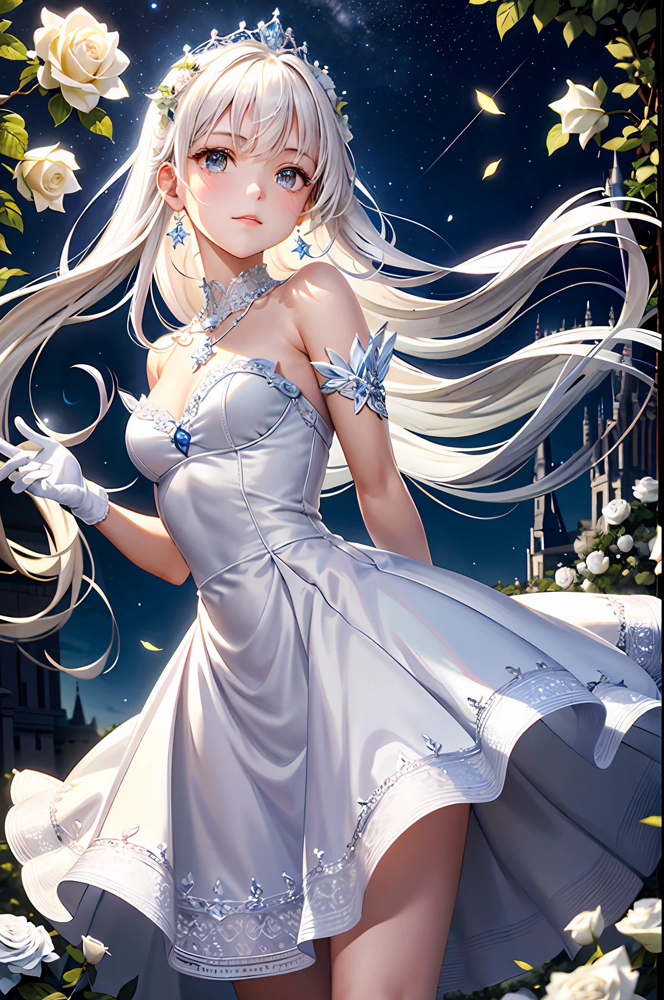 (Masterpiece, Best Quality: 1.2), 1girl, Solo, Cute, Cute, Digital Art, Magic Circle, Platinum Blonde, Delicate Eyes, Awkward Look, Sweat, Pure White Ruffled Dress, Pure White Color Scheme, Fair Skin, High Heels, White Gloves, Heart Necklace, Tiara, Magic Wand, Fairy Feathers, Transparent Feathers, White Flower Garden, Transparent Moonlight, Shrubs, Bridge Night Clouds, Starry Sky, Wind, Rustling Leaves, white rose, lots of white roses blooming, white rose hair ornament, fairy, fairy feathers, white rose fairy, rose arch, Cinderella castle in the distance
