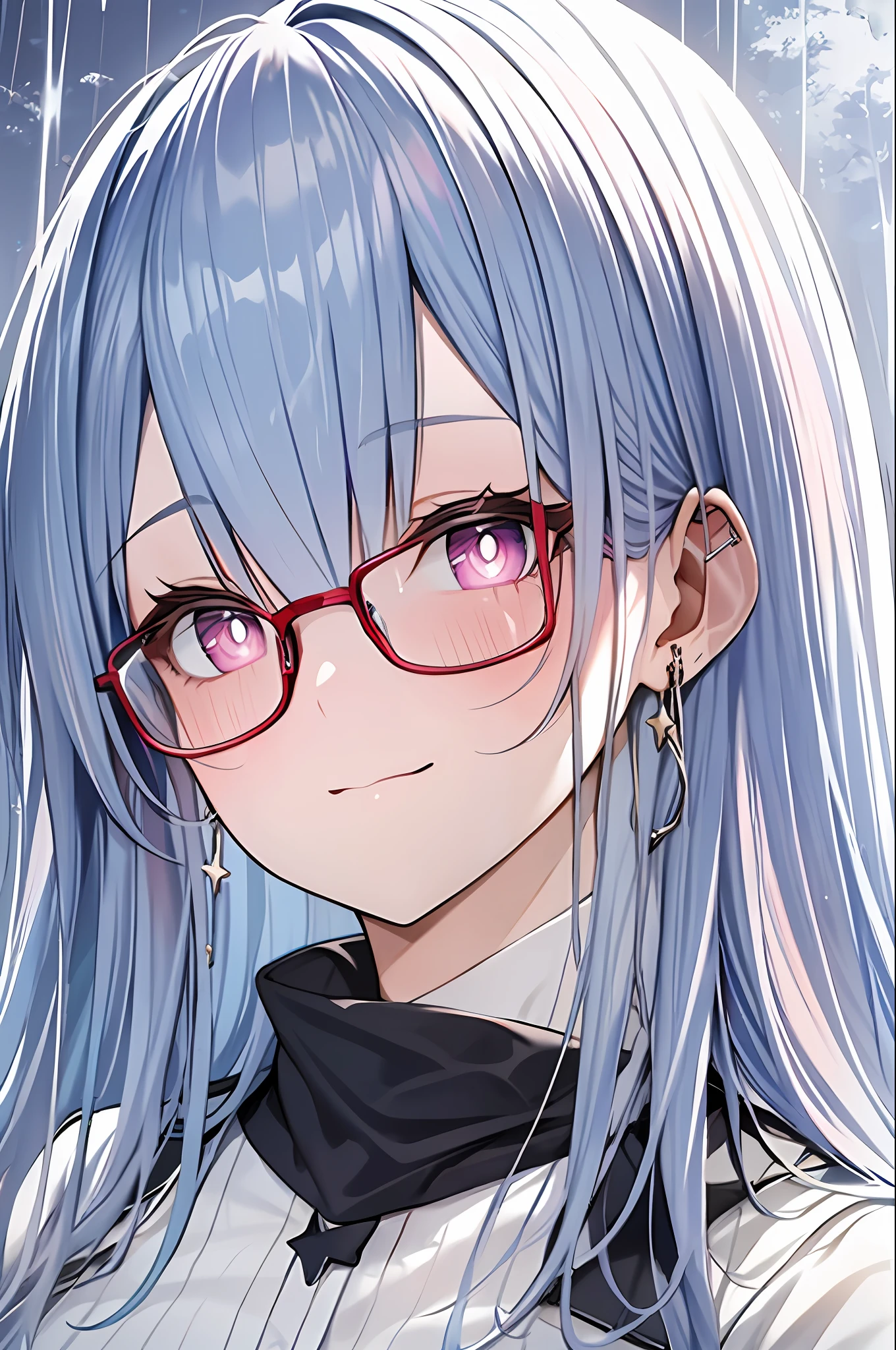 (Masterpiece, Top Quality, Best Quality, Watercolor (Medium), Official Art, Beautiful and Aesthetic: 1.2), (1 Girl: 1.3), (Fractal Art: 1.3), Star-shaped Pupil, Watching Viewer, Pattern, (Blue Hair, Light Blue Hair, Half Blue and Half Light Blue Hair: 1.2), Water, Liquid, Clouds, Colorful, Starry Sky, Stars, Smile, Glasses, Close Up, Rain, Wet, Red Moon, School Uniform, Glittering Eyes,
