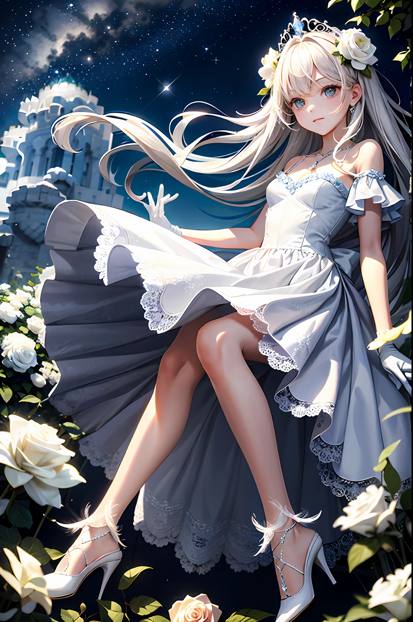 (Masterpiece, Best Quality: 1.2), 1girl, Solo, Cute, Cute, Digital Art, Magic Circle, Platinum Blonde, Delicate Eyes, Awkward Look, Sweat, Pure White Ruffled Dress, Pure White Color Scheme, Fair Skin, High Heels, White Gloves, Heart Necklace, Tiara, Magic Wand, Fairy Feathers, Transparent Feathers, White Flower Garden, Transparent Moonlight, Shrubs, Bridge Night Clouds, Starry Sky, Wind, Rustling Leaves, white rose, lots of white roses blooming, white rose hair ornament, fairy, fairy feathers, white rose fairy, rose arch, Cinderella castle in the distance