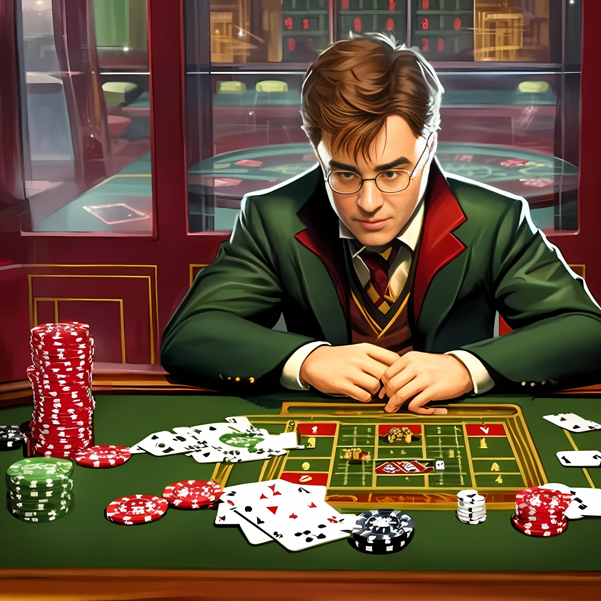 a man sitting at a table with a game of roulee, casino, indoor casino, online casino logo, game illustration, card game illustration, harry potter in cyberpunk, stylized digital illustration, gambling, gambles like no one, detailed game art illustration, futuristic casino, poker, background artwork, roleplaying game art, board game cover art, playing poker