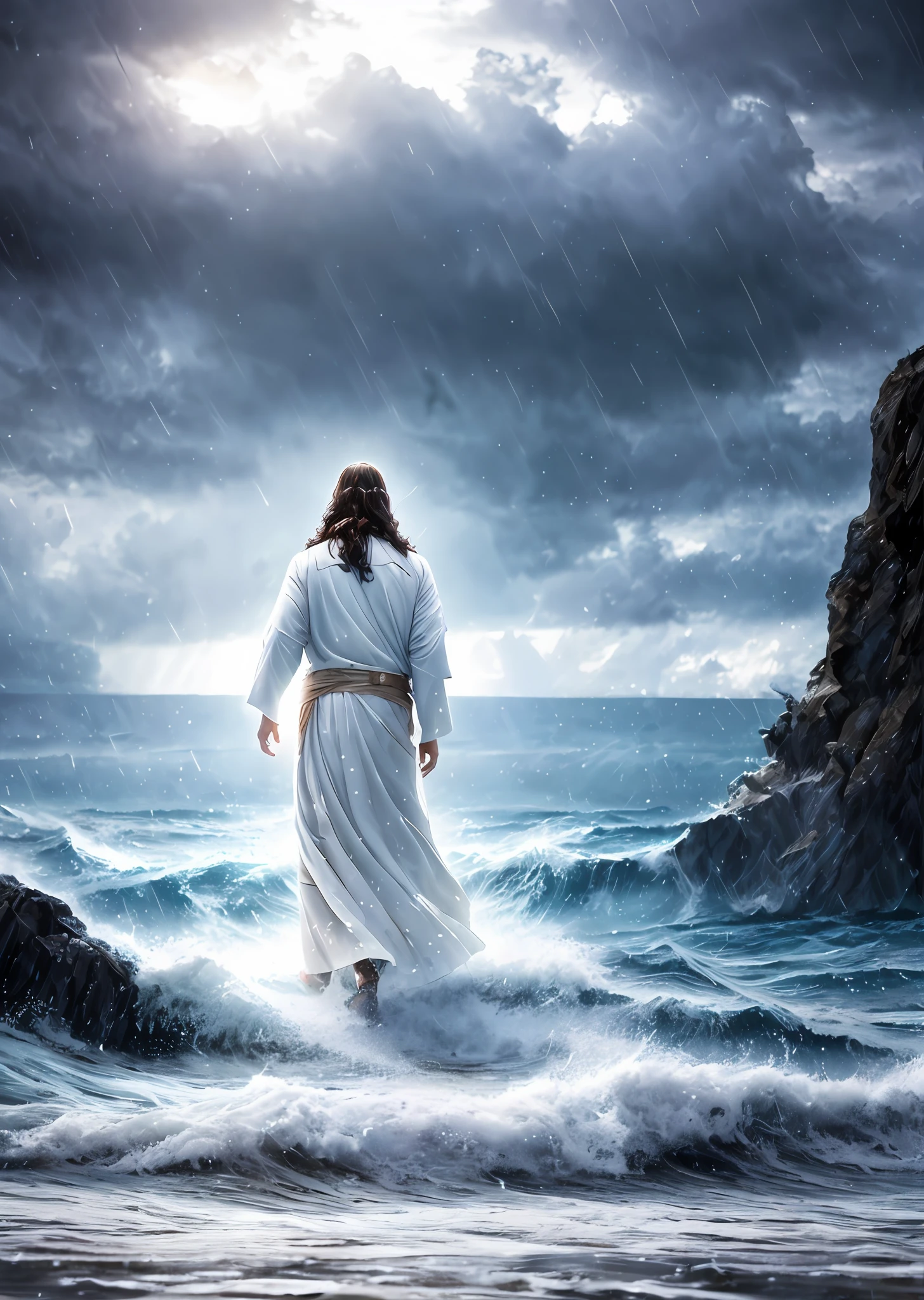 jesus walking on water in a storm, masterpiece, best quality, high quality, extremely detailed CG unit 8k wallpaper, award winning photography, Bokeh, Depth of Field, HDR, bloom, Chromatic aberration, photorealistic, extremely detailed, trending on artstation, trending on CGsociety, intricate, high detail, dramatic, mid-journey art, volumetric lighting