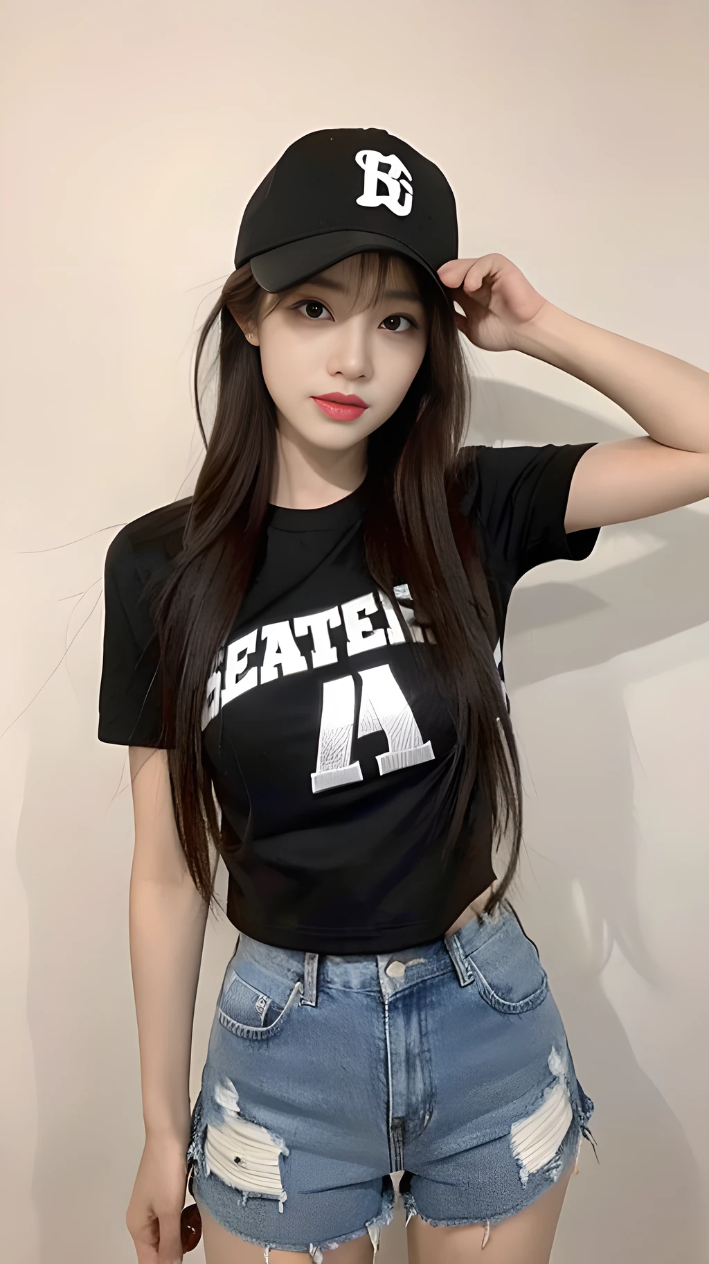 ((Best Quality, 8K, Masterpiece: 1.3)), (Baseball Cap: 1.3), Focus: 1.2, Perfect Body Beauty: 1.4, Buttocks: 1.2, (Layered Haircut: 1.2)), , (Dark Street: 1.3), Highly Detailed Face and Skin Texture, Full Body, Delicate Eyes, Double Eyelids, Whitened Skin, Long Hair, (Round Face: 1.5), (Short Sleeves, Shorts: 1.6)