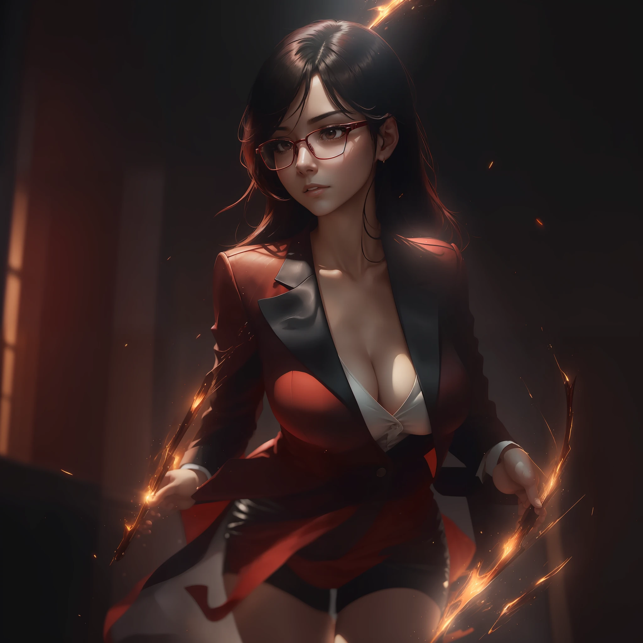 Beautiful woman, with red wax dress melting and running down her body, black hair, brown eyes, serious expression, black blazer, standing in the room, saika1, medium breasts, neckline at breasts, sexy, mature woman, with glasses (masterpiece: 1.2), (best quality), 4k, ultra-detailed, (dynamic composition: 1.4), highly detailed, (bright lighting, atmospheric lighting), (solo: 1.2) --auto --s2