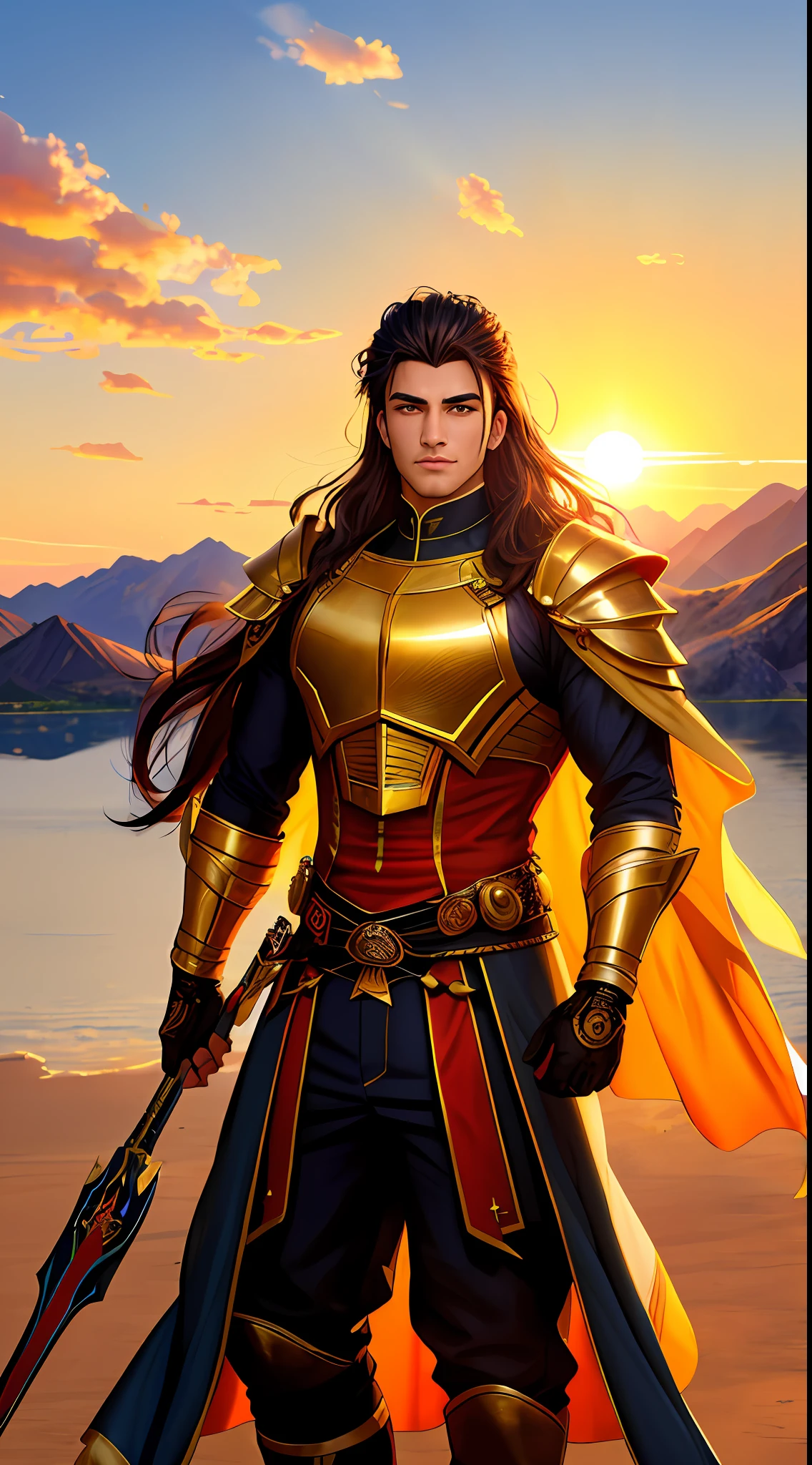 ((masterpiece, best quality, extremely detailed, super high resolution, detailed background)), fking_scifi, fking_scifi_v2, portrait of a young, muscular very handsome and attractive Arab warrior man, in front of a sandy desert, long and messy hair, furry body, colorful gold jewelry, close-up, palatial posture and attitude. fking_cinema_v2。
Golden hour, ((edge lighting)), warm colors, sun flares, soft shadows, vivid colors, painting effects, fantastic atmosphere, BREAK
Scenic lakes, mountains in the distance, willows, calm water, reflections, sun-drenched clouds, tranquil atmosphere, idyllic sunsets,