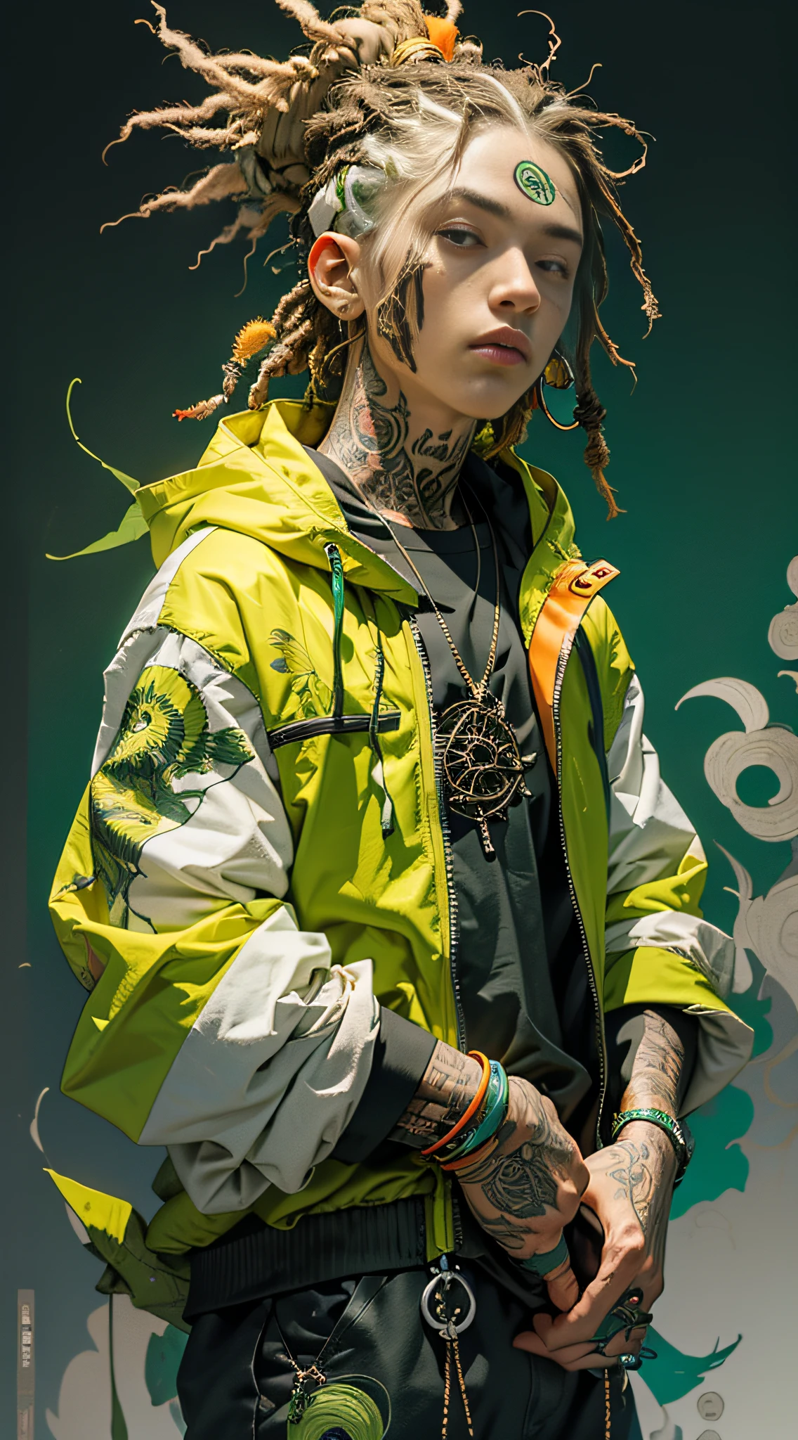 green:1.5, orange:1.1, white:1.3, yellow:1.3, (rapper with dread hair),tattoos, (power puffer clothes:1.2),flowers,leaves,fog,lines,circles background